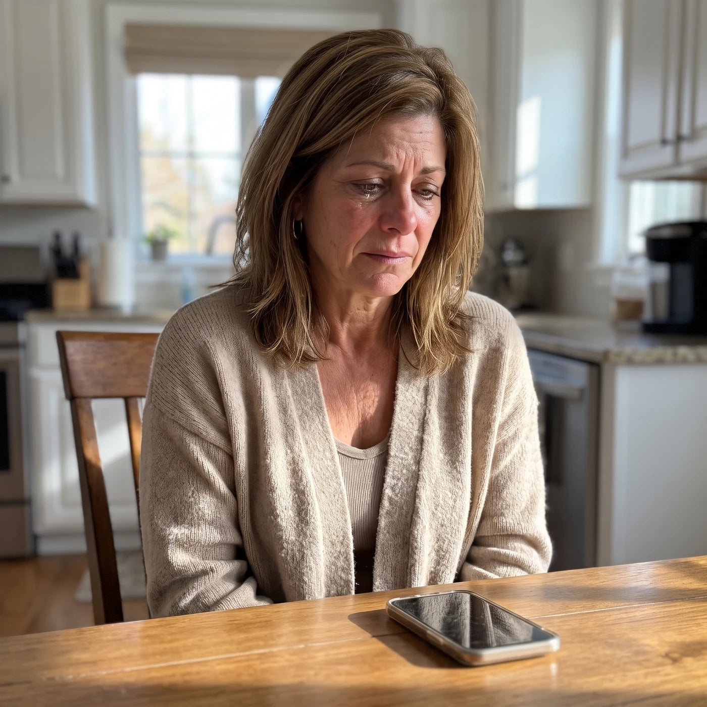 A woman sitting alone at her kitchen table in morning light, visibly upset, phone resting on the table