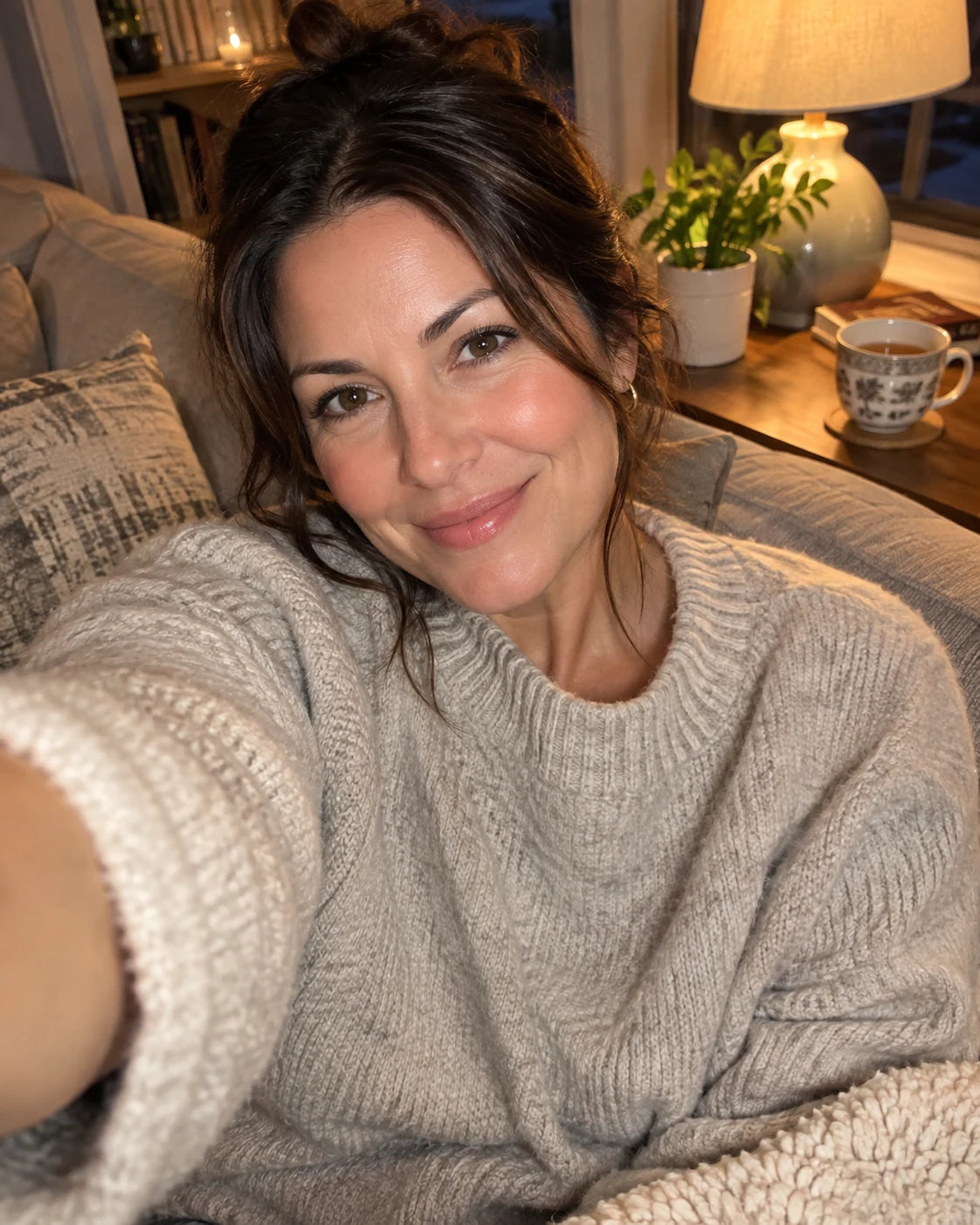 Woman relaxed on her couch in the evening, smiling, phone held at arm's length, a cup of tea beside her