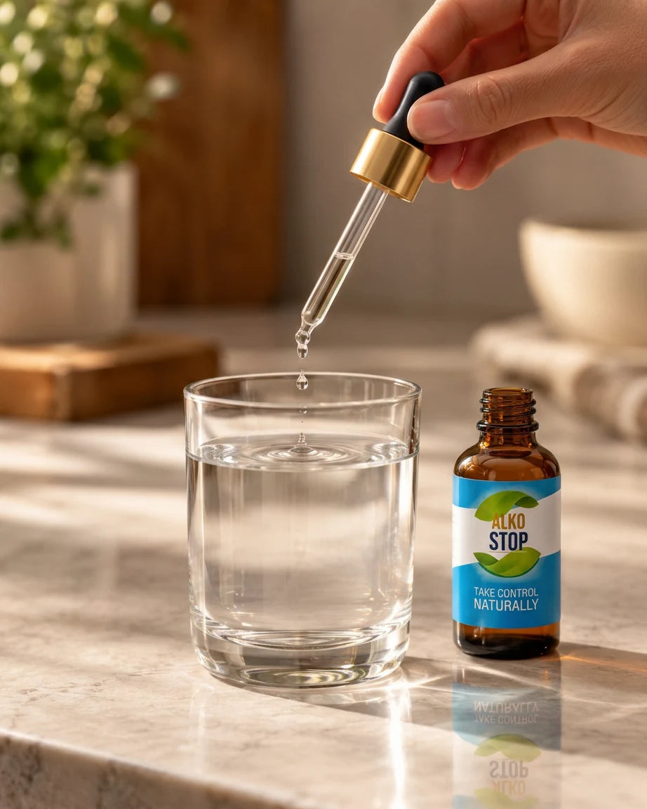 A hand holding the AlkoStop dropper, a drop falling into a glass of water next to the open bottle
