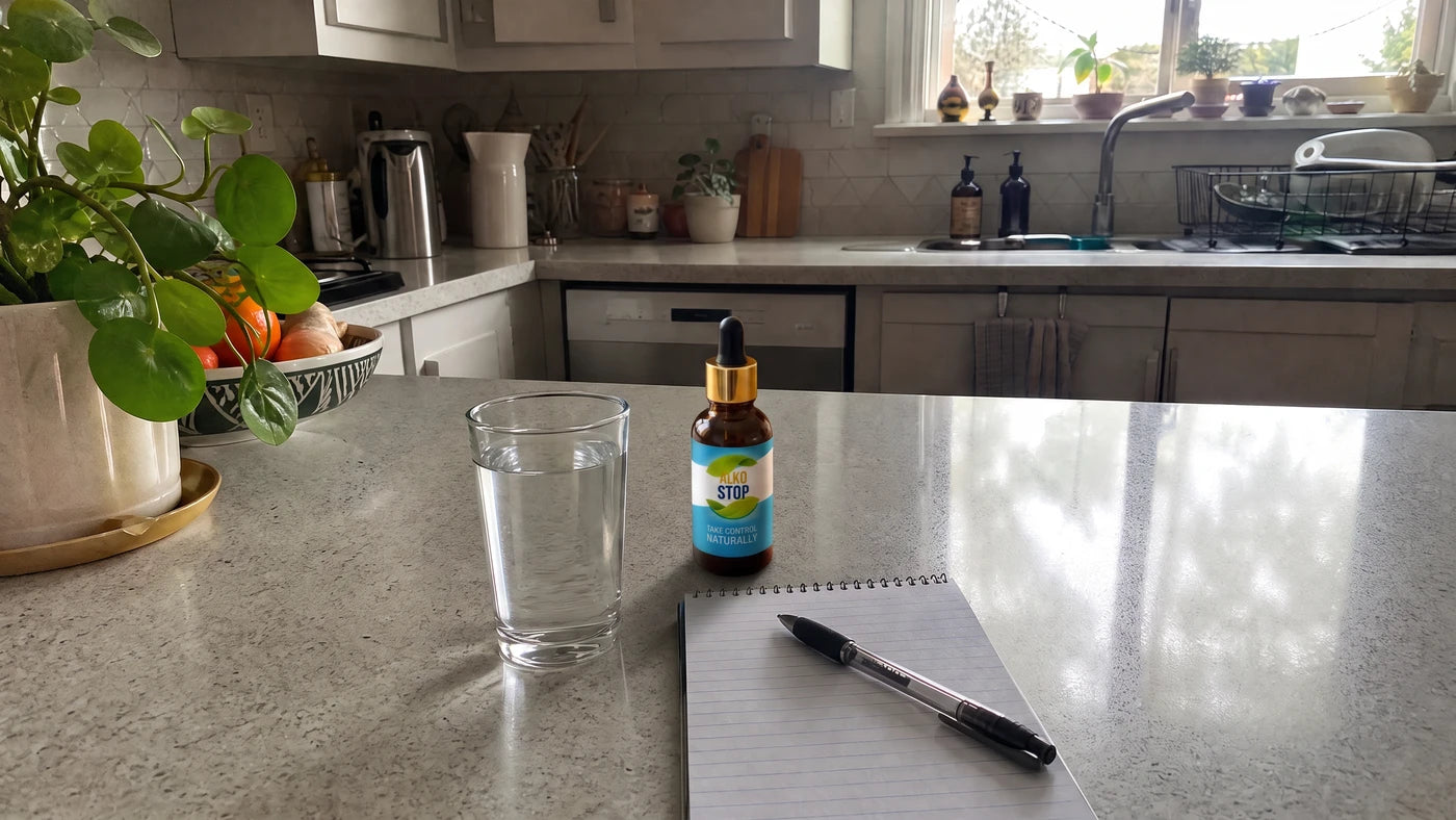 AlkoStop dropper held over a glass of water on a kitchen counter next to a notepad