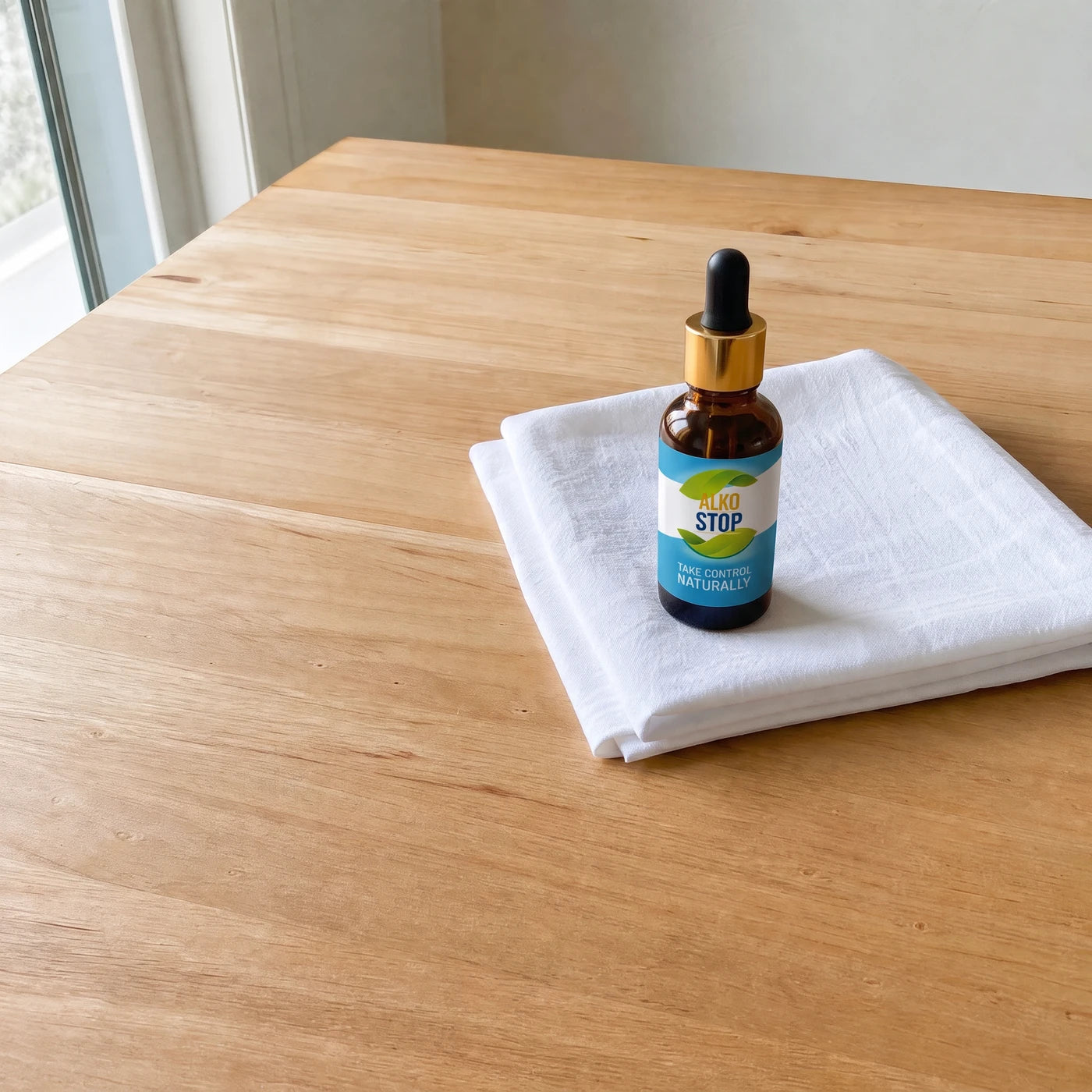 AlkoStop bottle standing on a folded white linen cloth on a wooden table