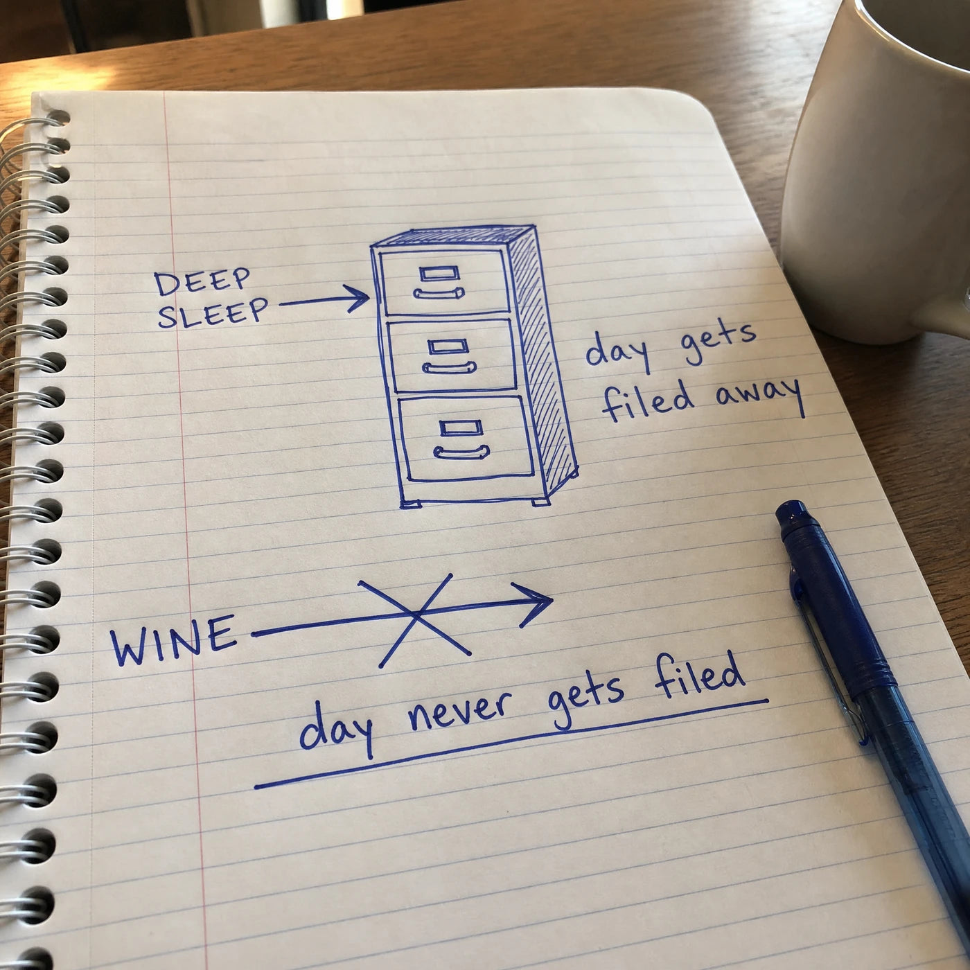 Handwritten notebook diagram of a filing cabinet labeled deep sleep, with wine crossed out and labeled day never gets filed