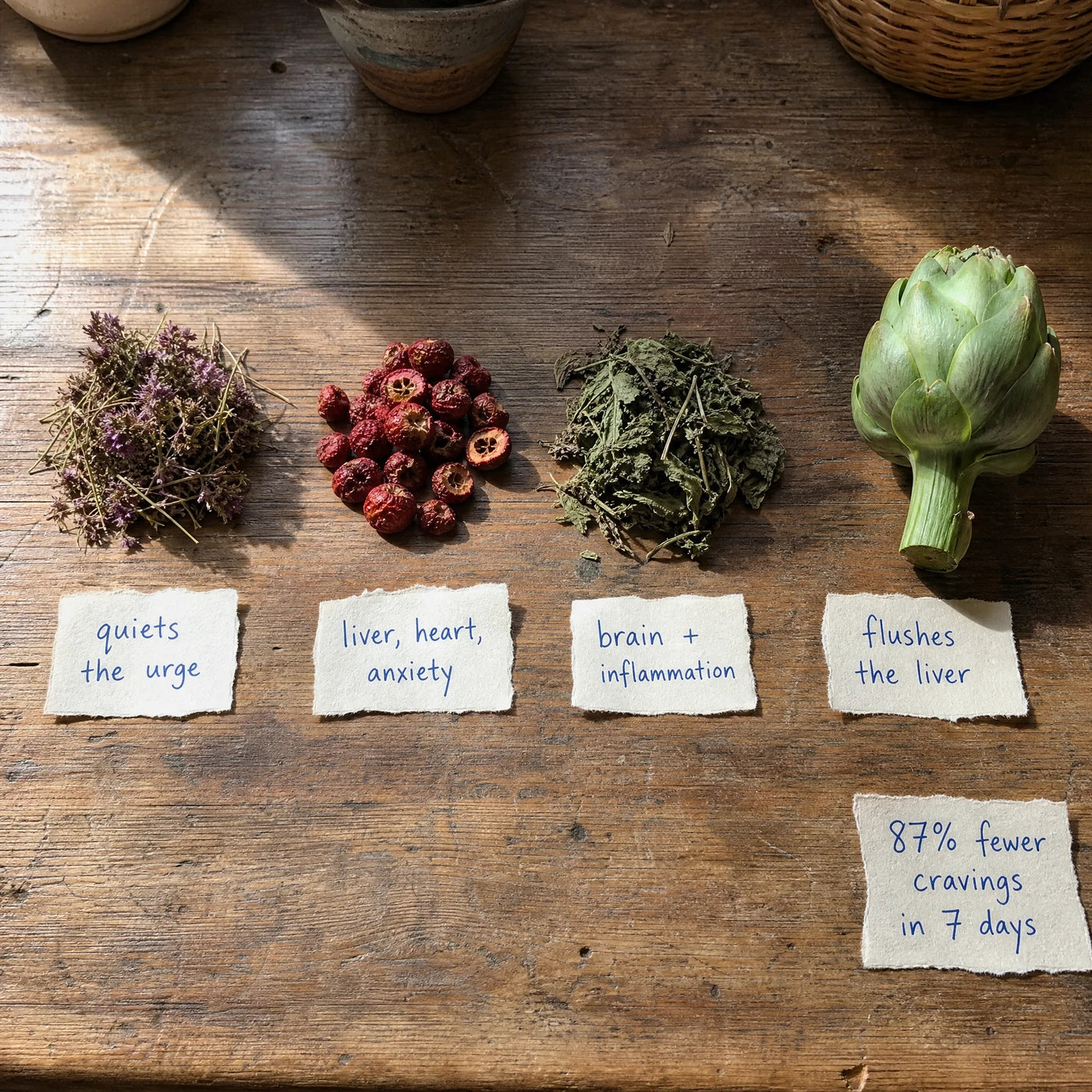 Four plant ingredients laid out on a wooden table, each labeled with its job: quiets the urge, liver heart anxiety, brain and inflammation, flushes the liver, and a tag reading 87% fewer cravings in 7 days