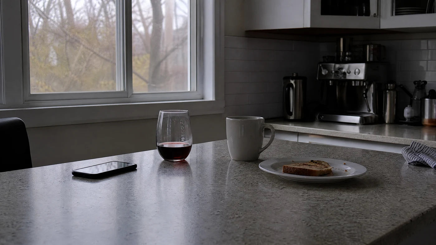 A small glass of wine next to an untouched coffee mug and toast on a kitchen counter in the early morning