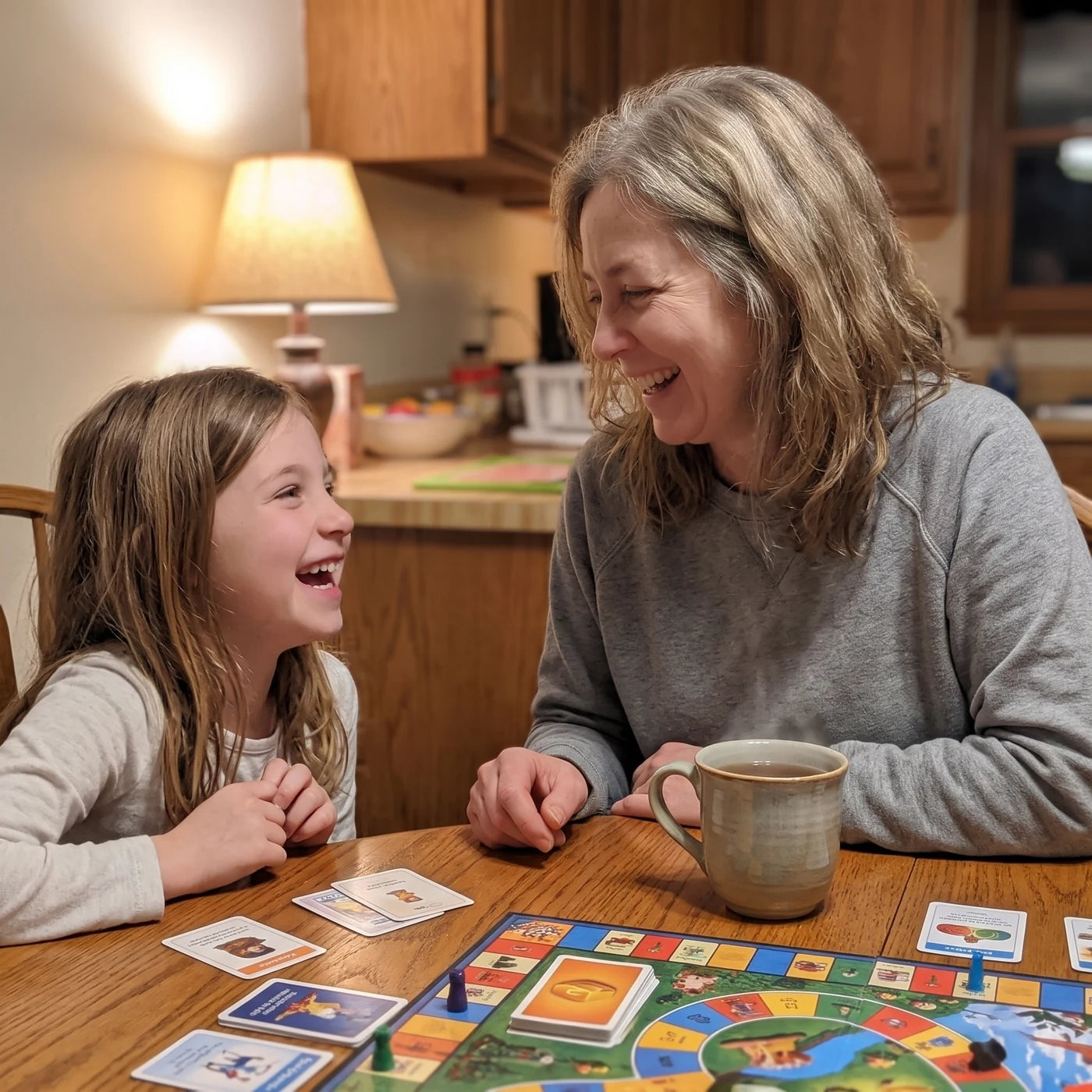 Woman laughing with her young granddaughter over a board game at the kitchen table in the evening, a cup of tea beside her instead of wine