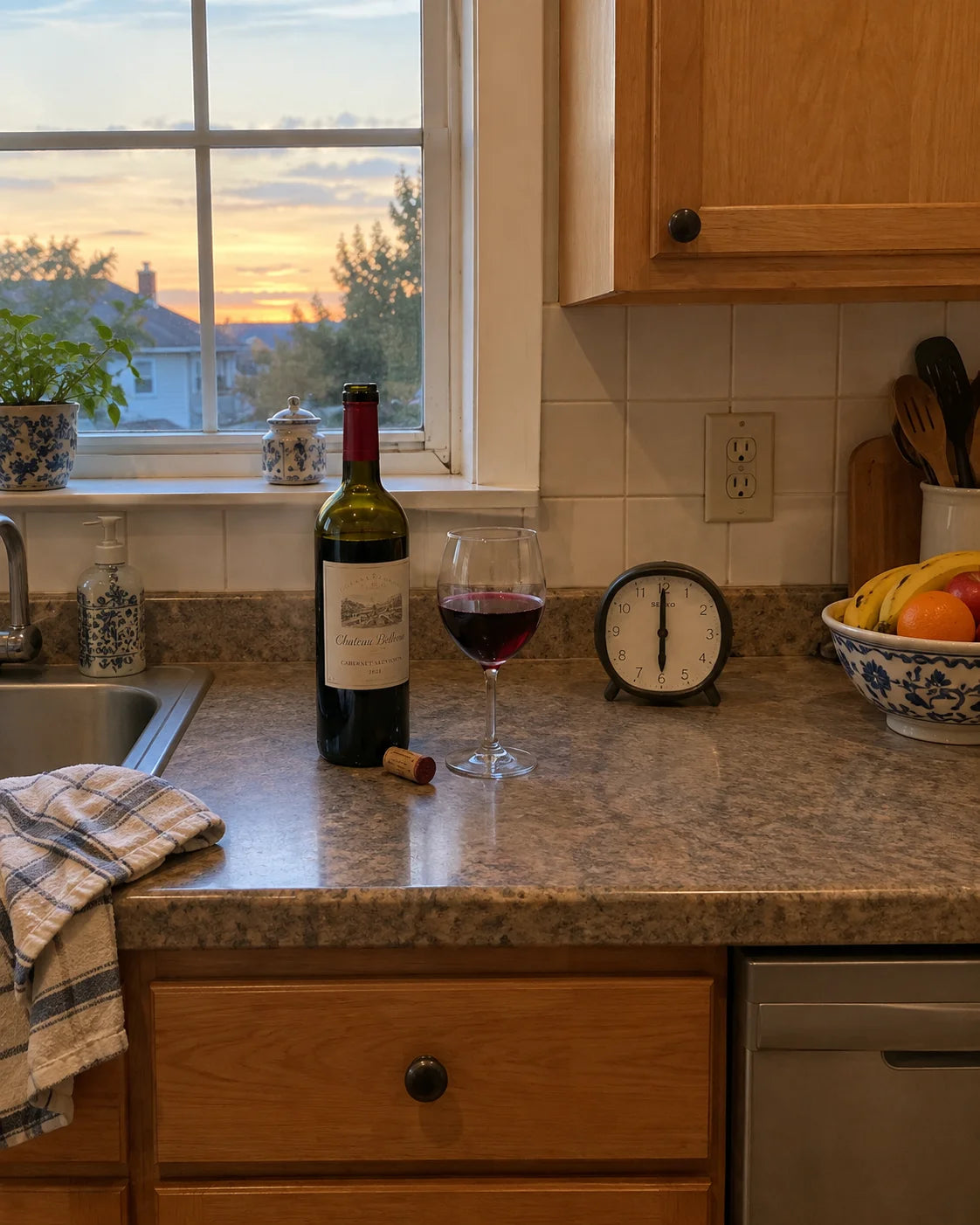 Wine bottle and glass on a kitchen counter next to a clock reading 6pm