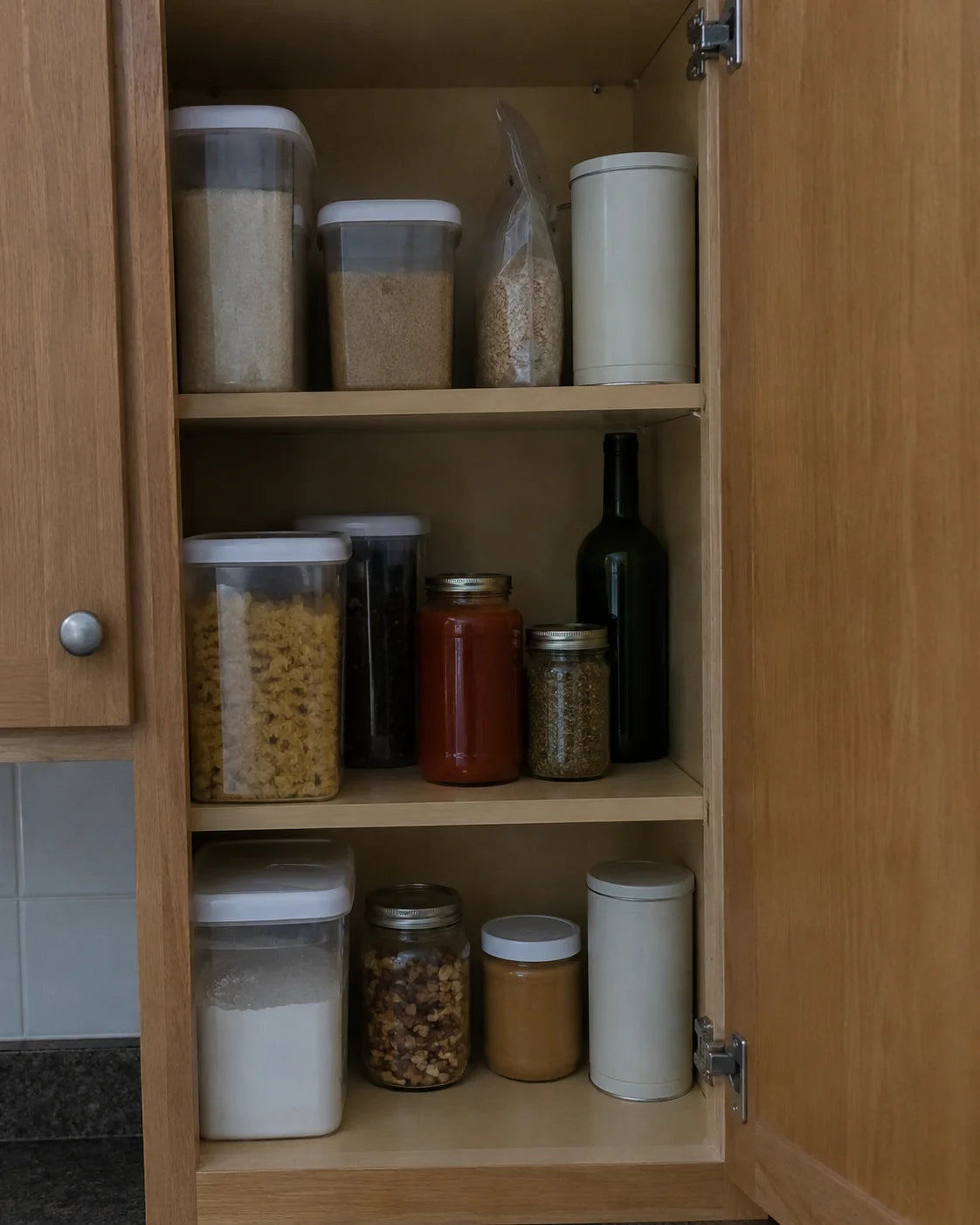 A wine bottle tucked behind pantry items in a kitchen cabinet