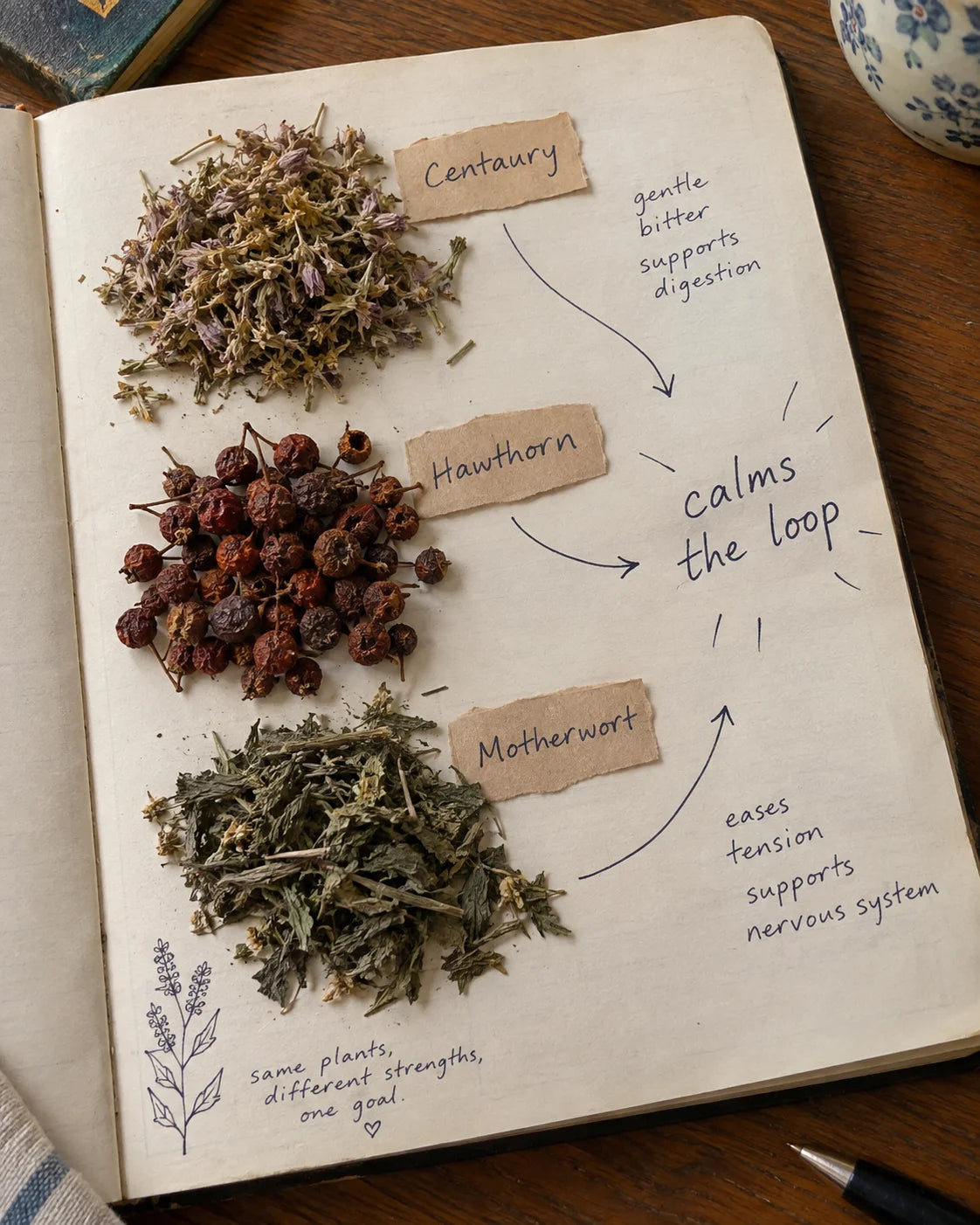 Journal page with real dried Centaury, Hawthorn, and Motherwort laid out and labeled