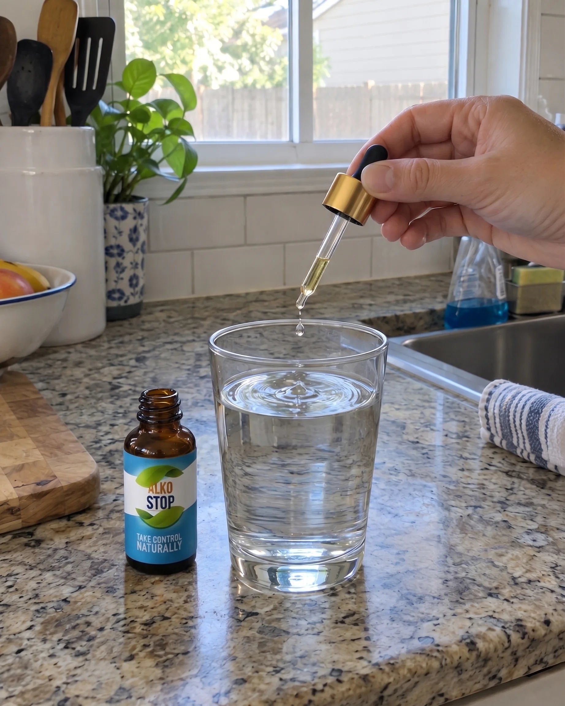 A hand holding the AlkoStop dropper from the side, a drop falling into a glass of water next to the open bottle