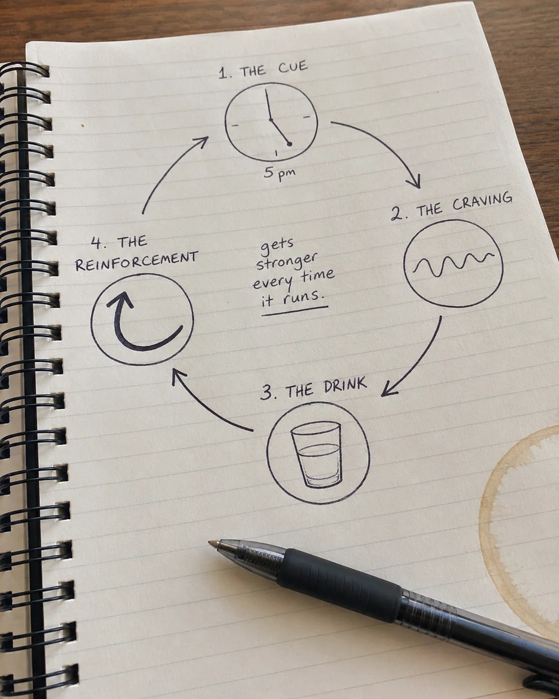 Handwritten notebook diagram of the cue, craving, drink, reinforcement loop