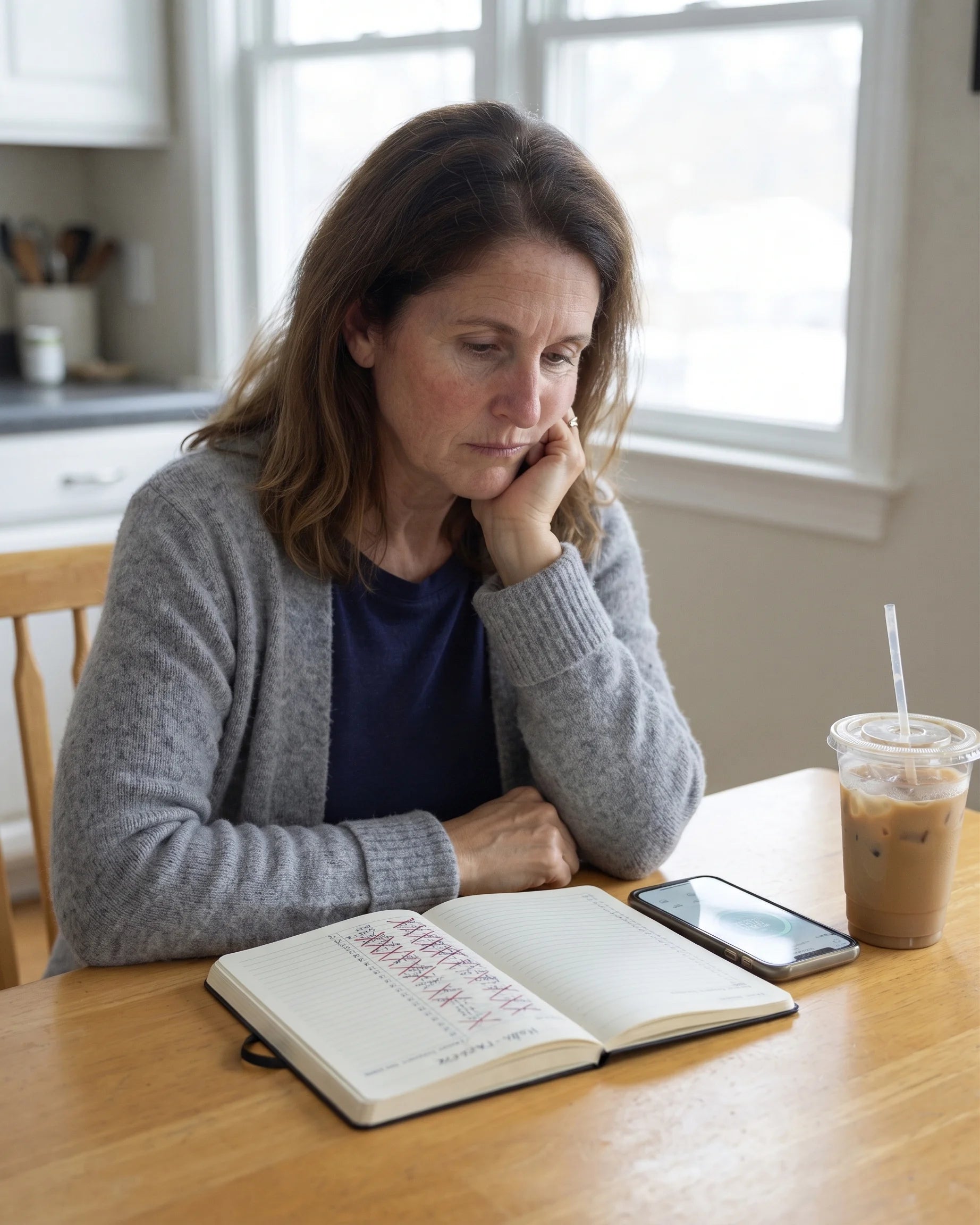 Woman sitting at a table with a habit-tracker journal and a sobriety app, looking frustrated