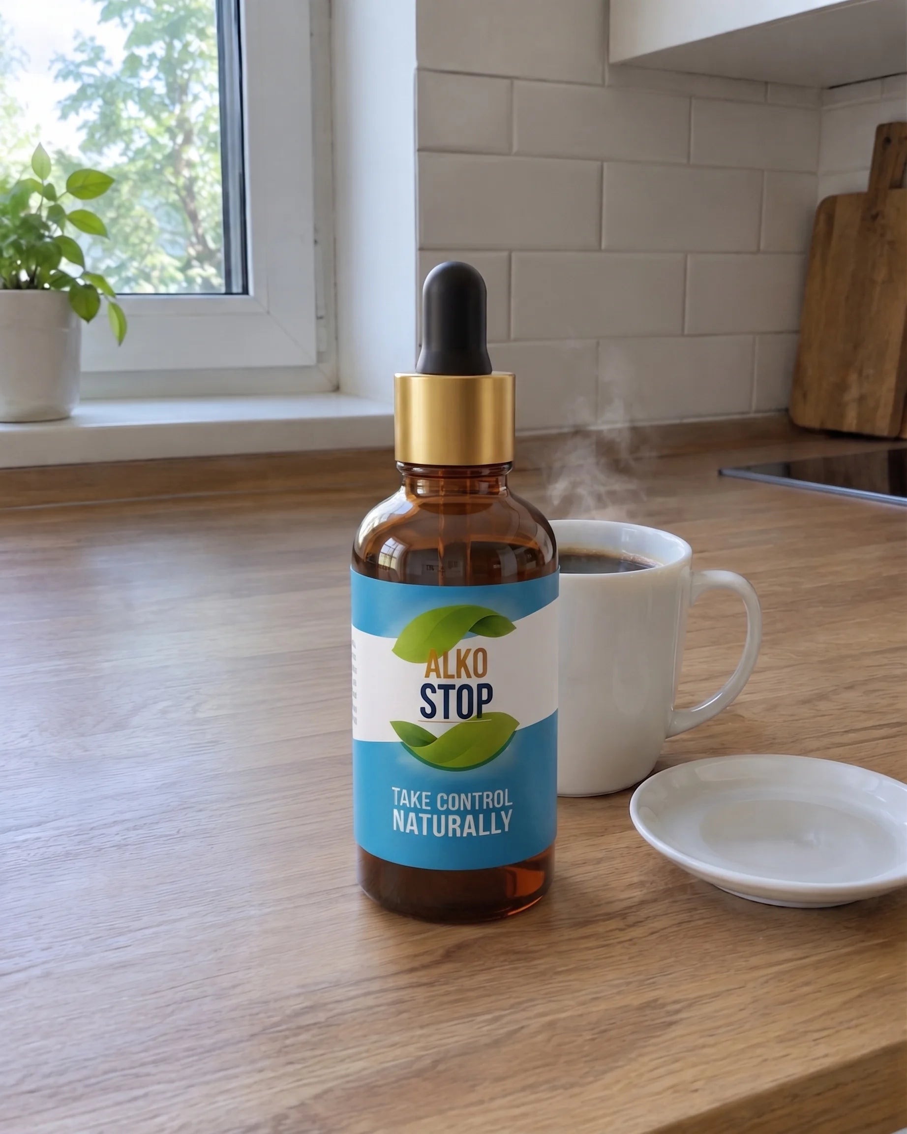 AlkoStop dropper bottle next to a cup of coffee on a kitchen counter