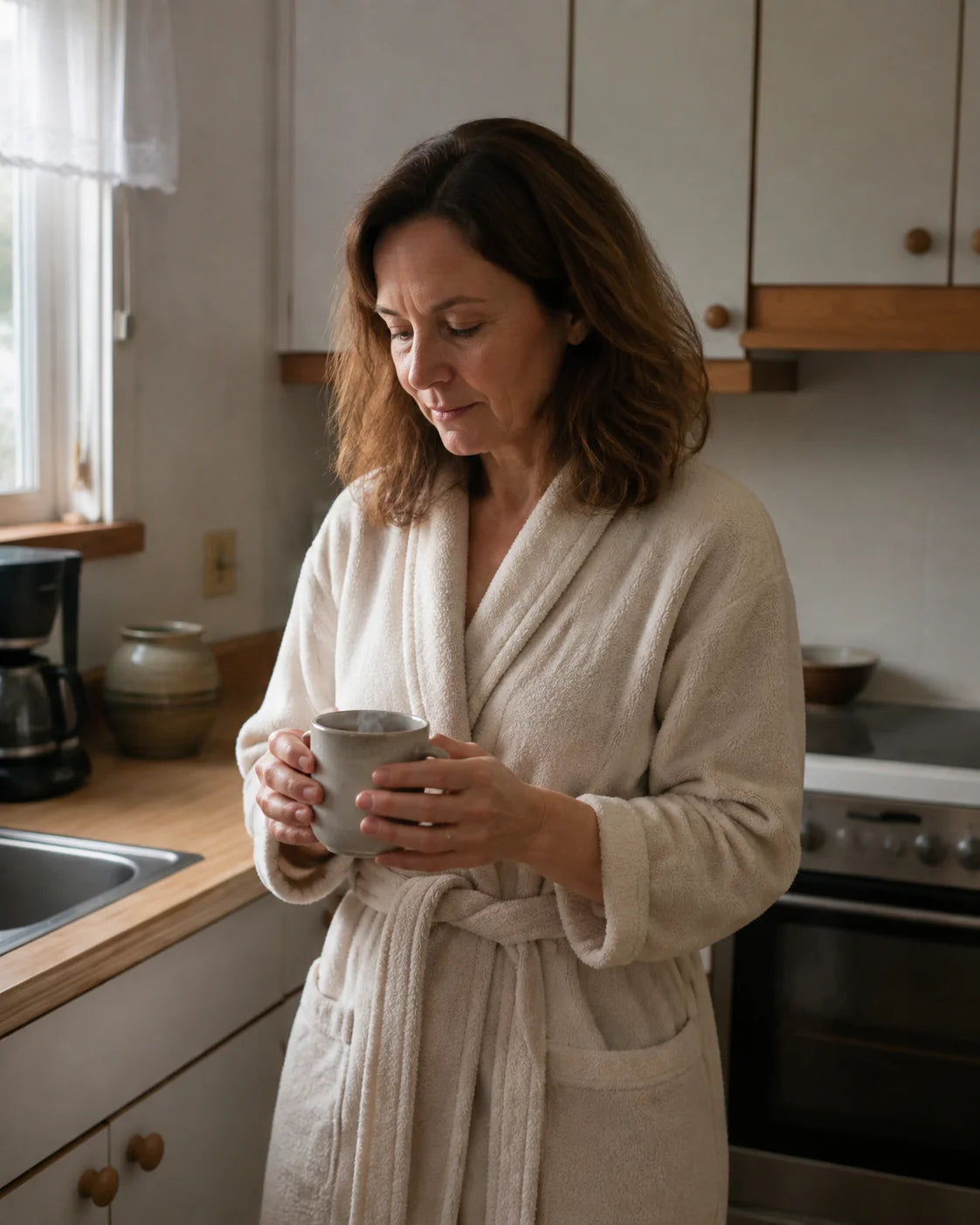 Woman alone in her kitchen in the morning, holding a cup of coffee