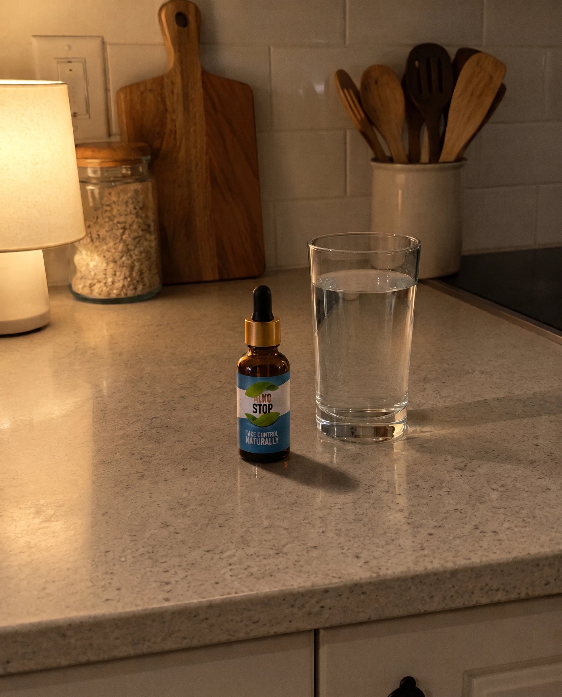 AlkoStop dropper bottle on a kitchen counter next to a glass of water