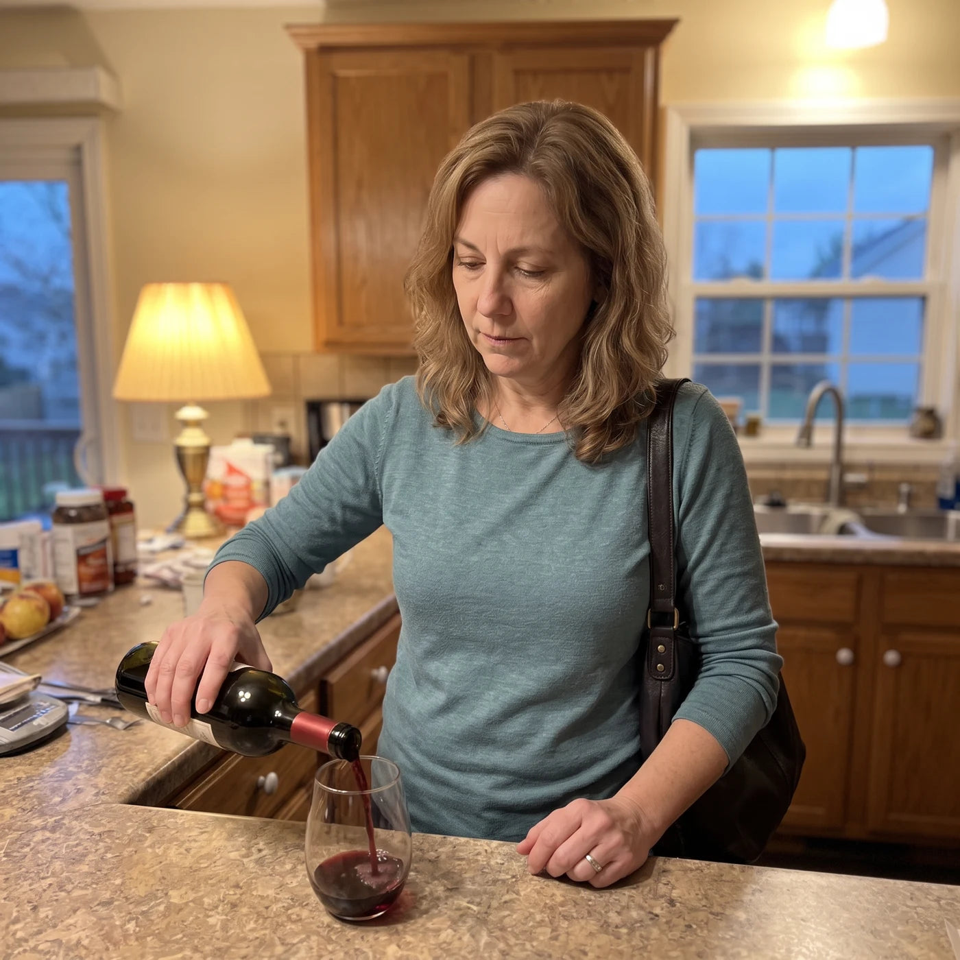 Woman still in her work blouse, bag on her shoulder, pouring a glass of red wine right after walking in the door