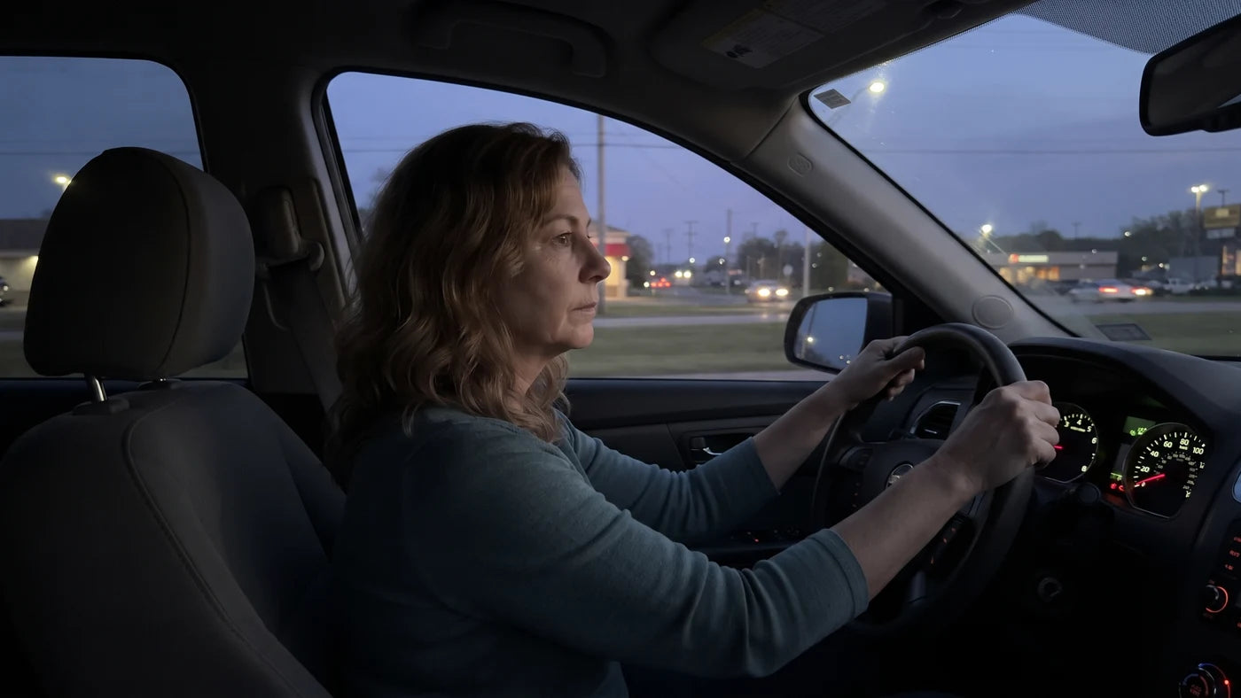 Woman driving at dusk, hands on the wheel, expression blank and far away