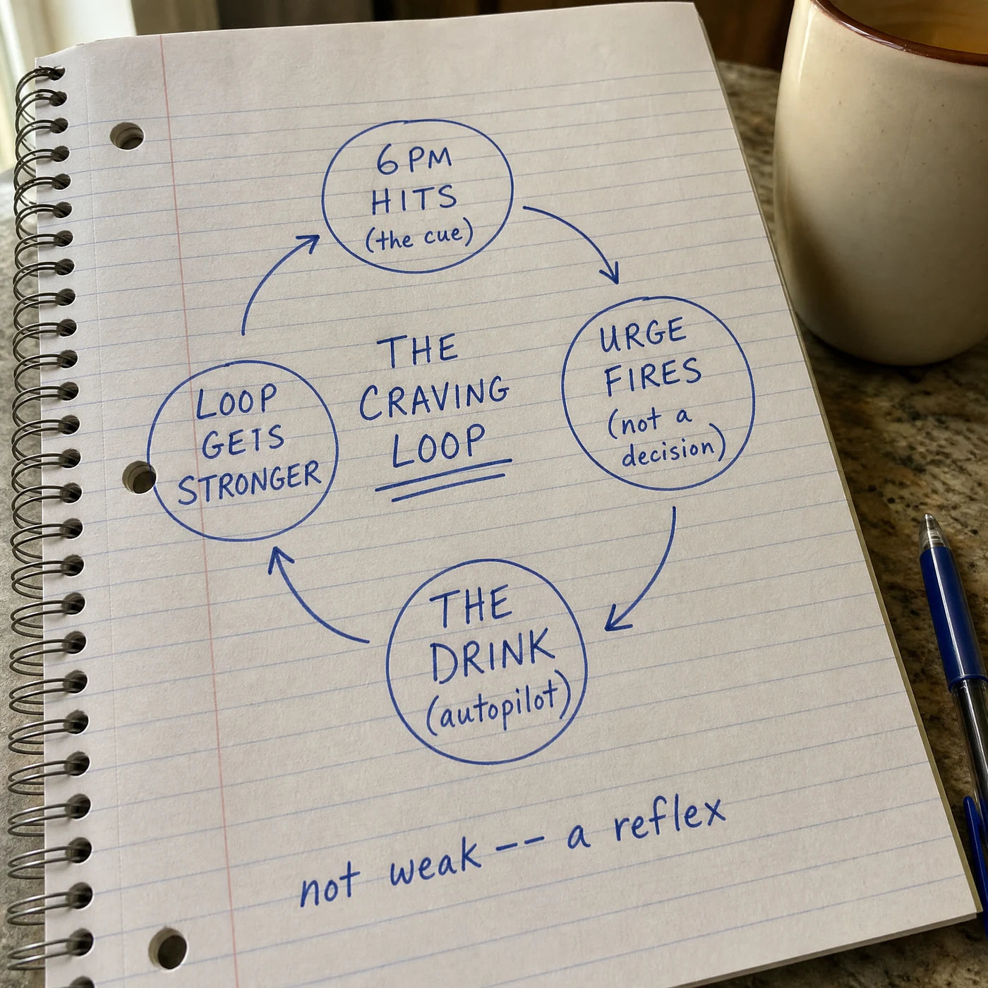 Handwritten notebook page showing a loop diagram: 6pm hits, urge fires, the drink, loop gets stronger, labeled the craving loop, not weak, a reflex