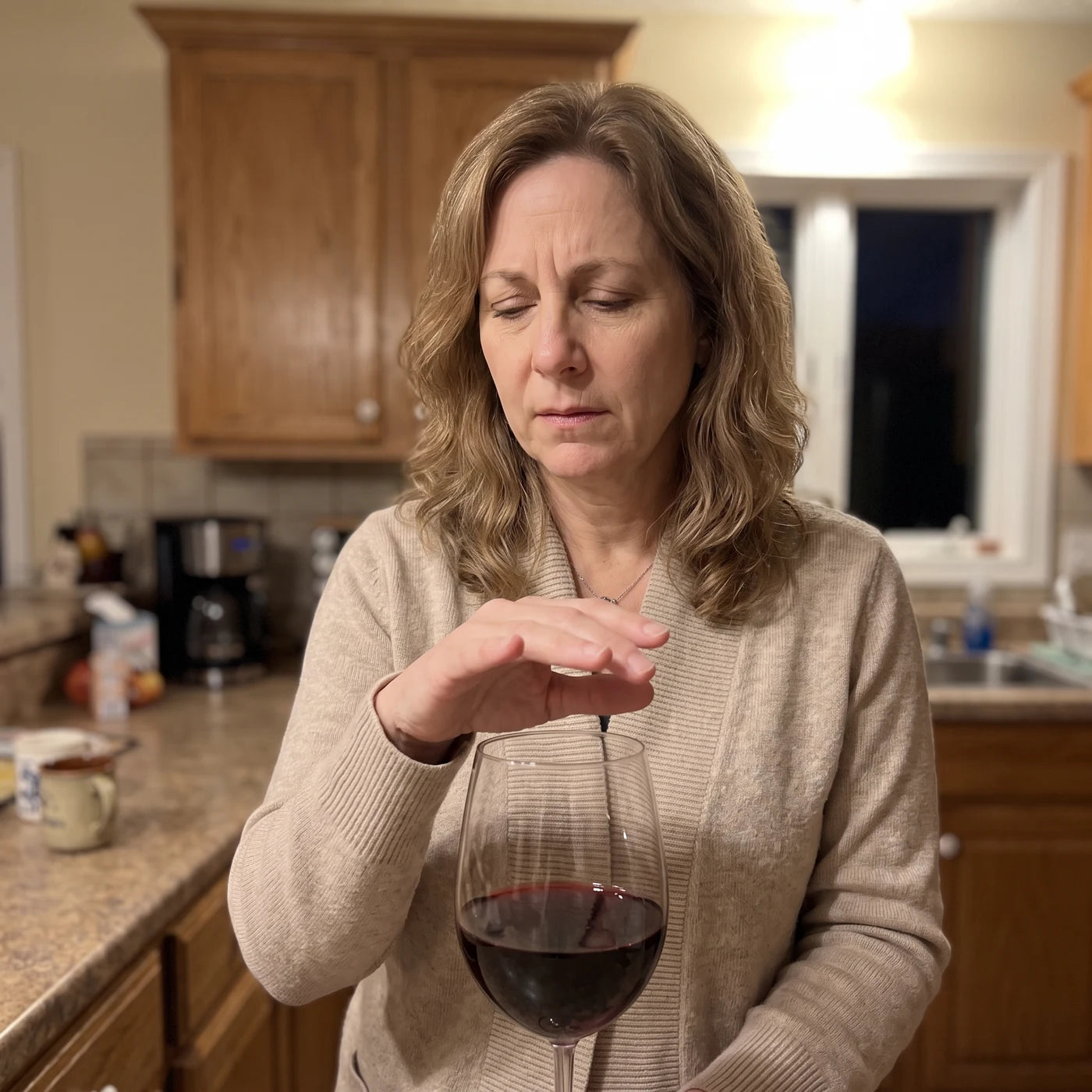 Woman standing at her kitchen counter, hand hovering just above a glass of wine without touching it, tense expression