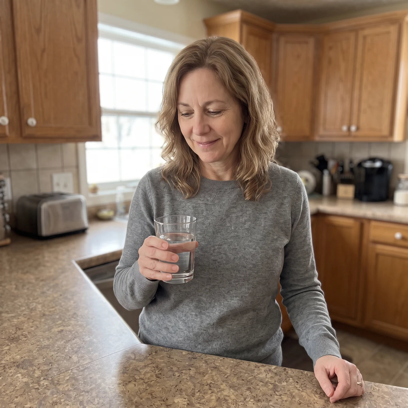 Woman at her kitchen counter in the morning, calm and relaxed, holding a glass of water