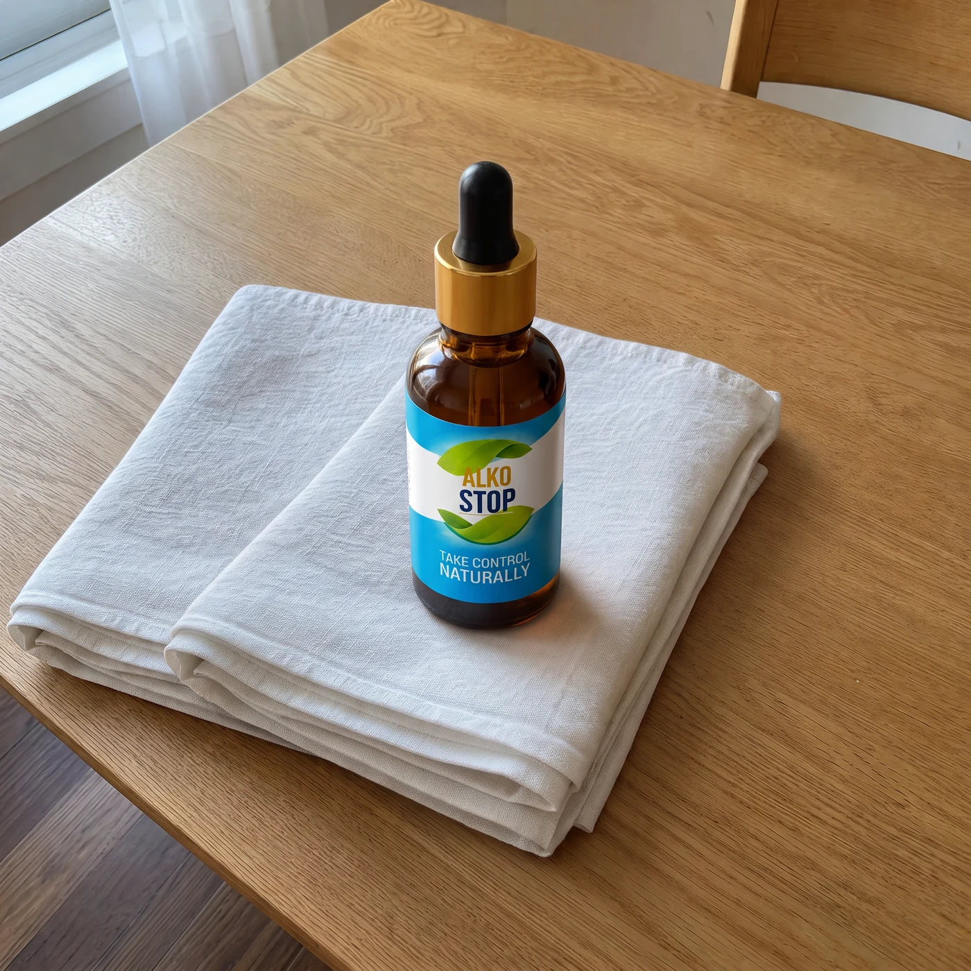 AlkoStop bottle standing on a folded white linen cloth on a wooden table