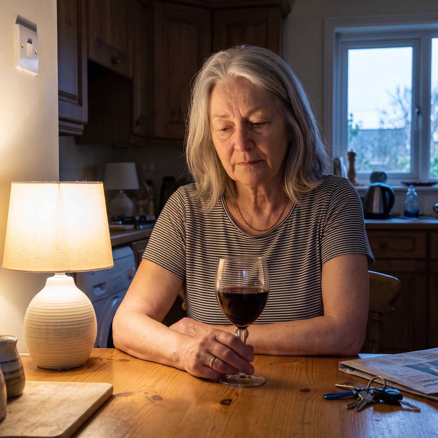 Diane sitting alone at her kitchen table in the early evening with a full glass of wine, looking down
