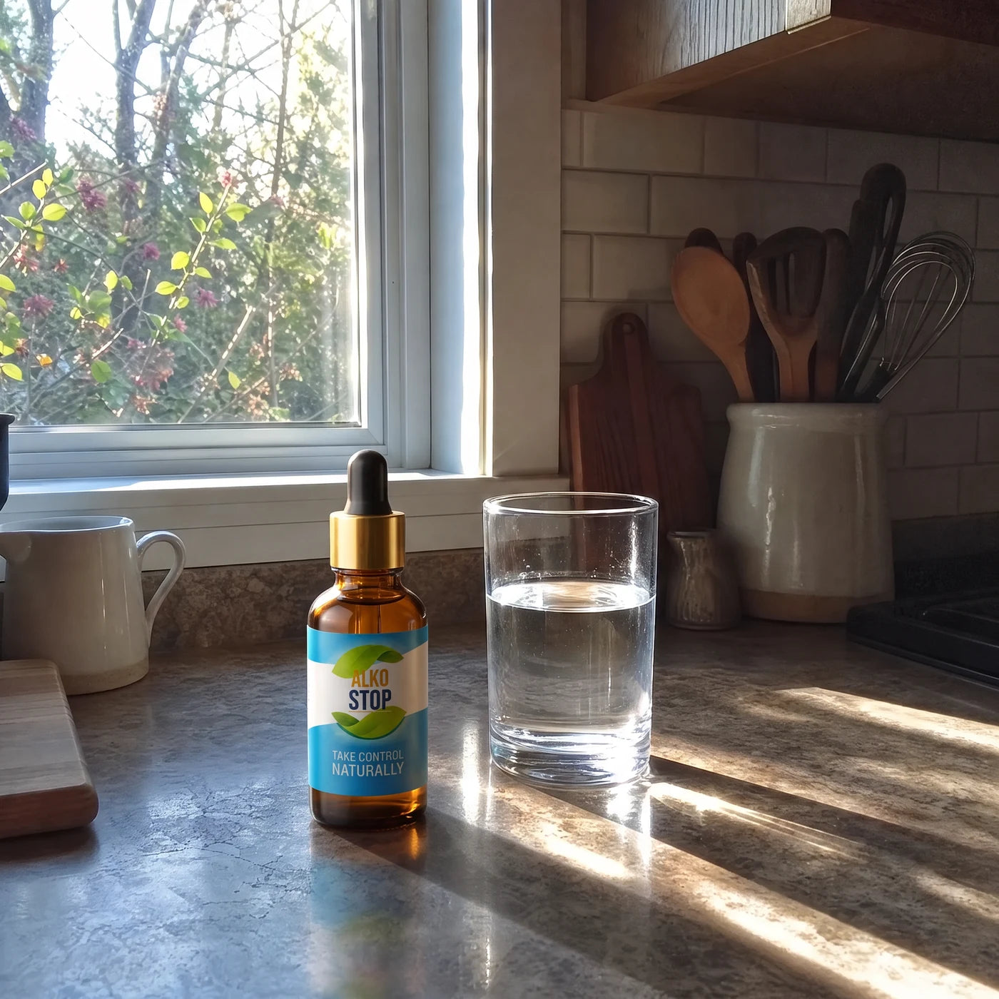 AlkoStop dropper bottle standing on a kitchen counter next to a glass of water in soft morning light