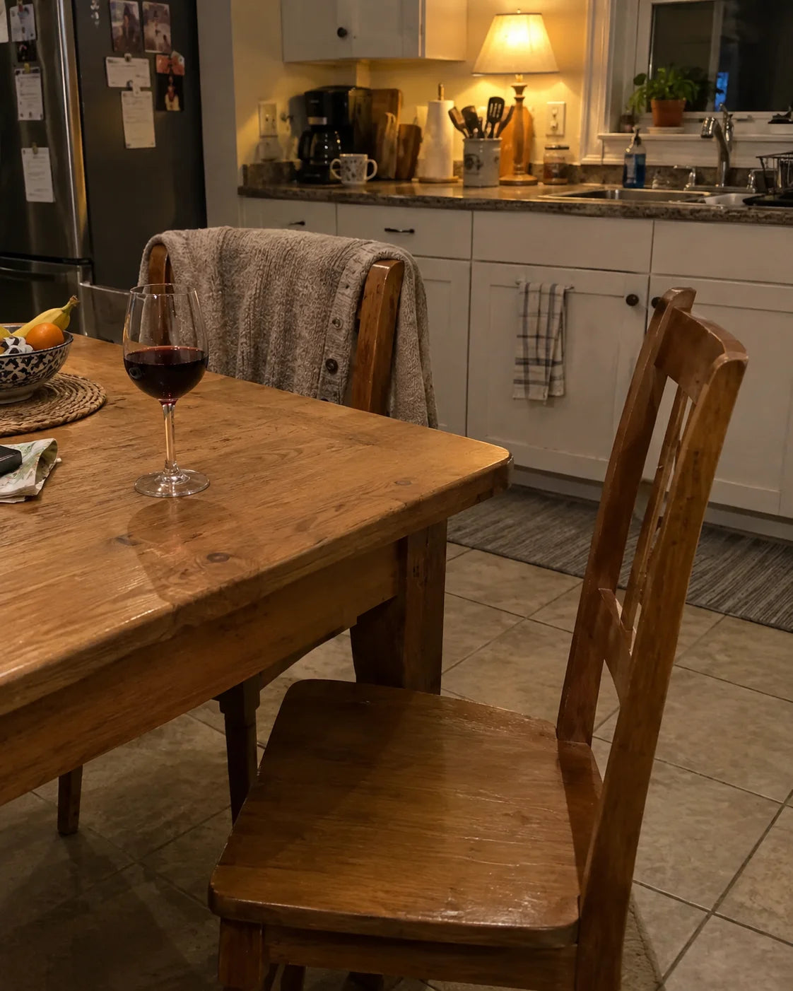 A glass of red wine sitting alone at an empty kitchen table in the evening, a cardigan draped over the chair