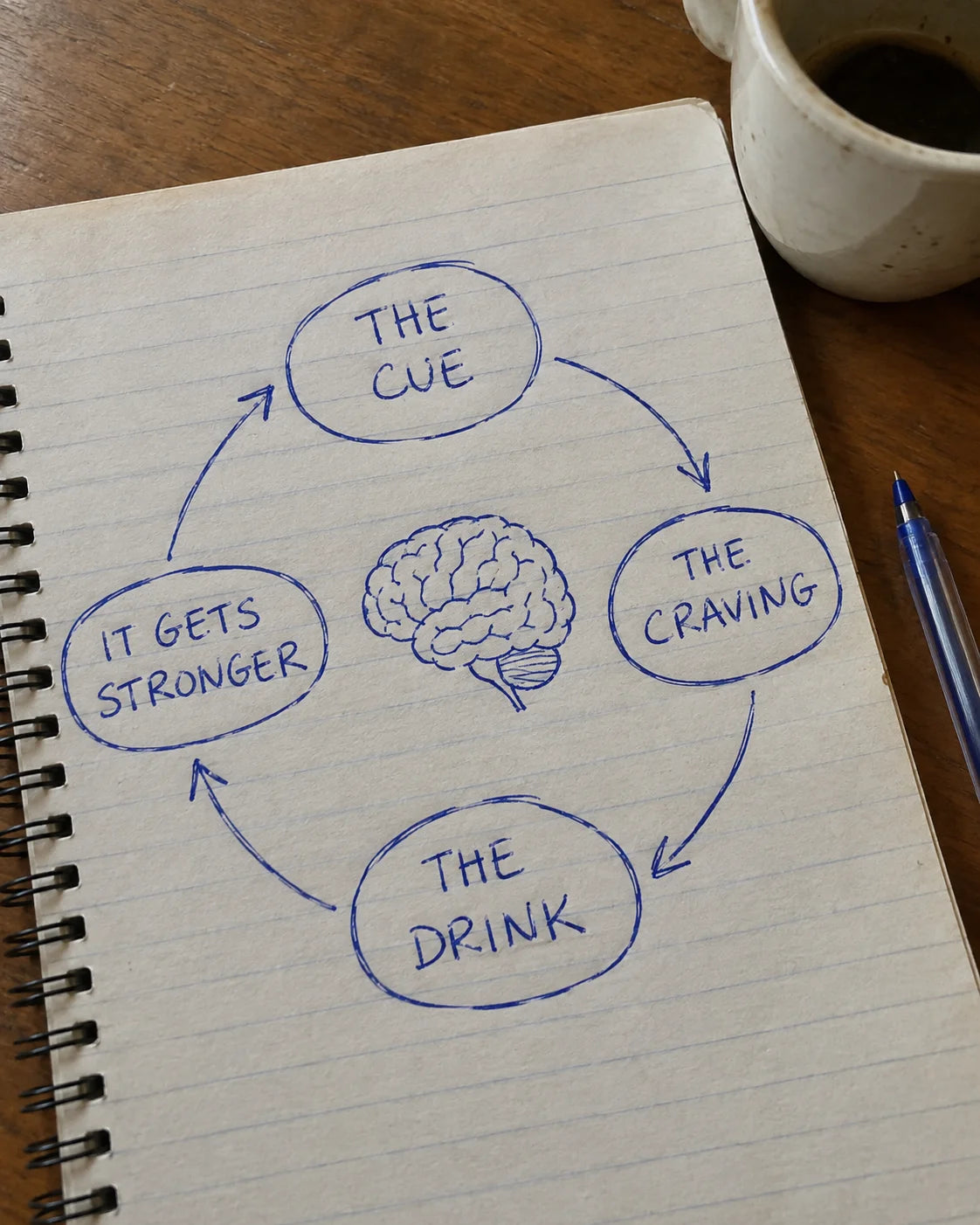 Handwritten notebook diagram of the cue, craving, drink, and reinforcement craving loop