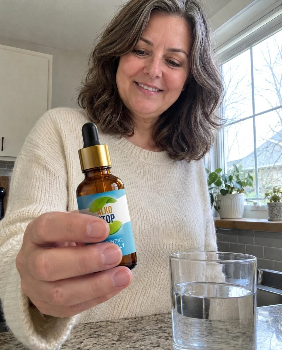 Woman smiling at her kitchen counter in the morning, adding a drop of AlkoStop to a glass of water