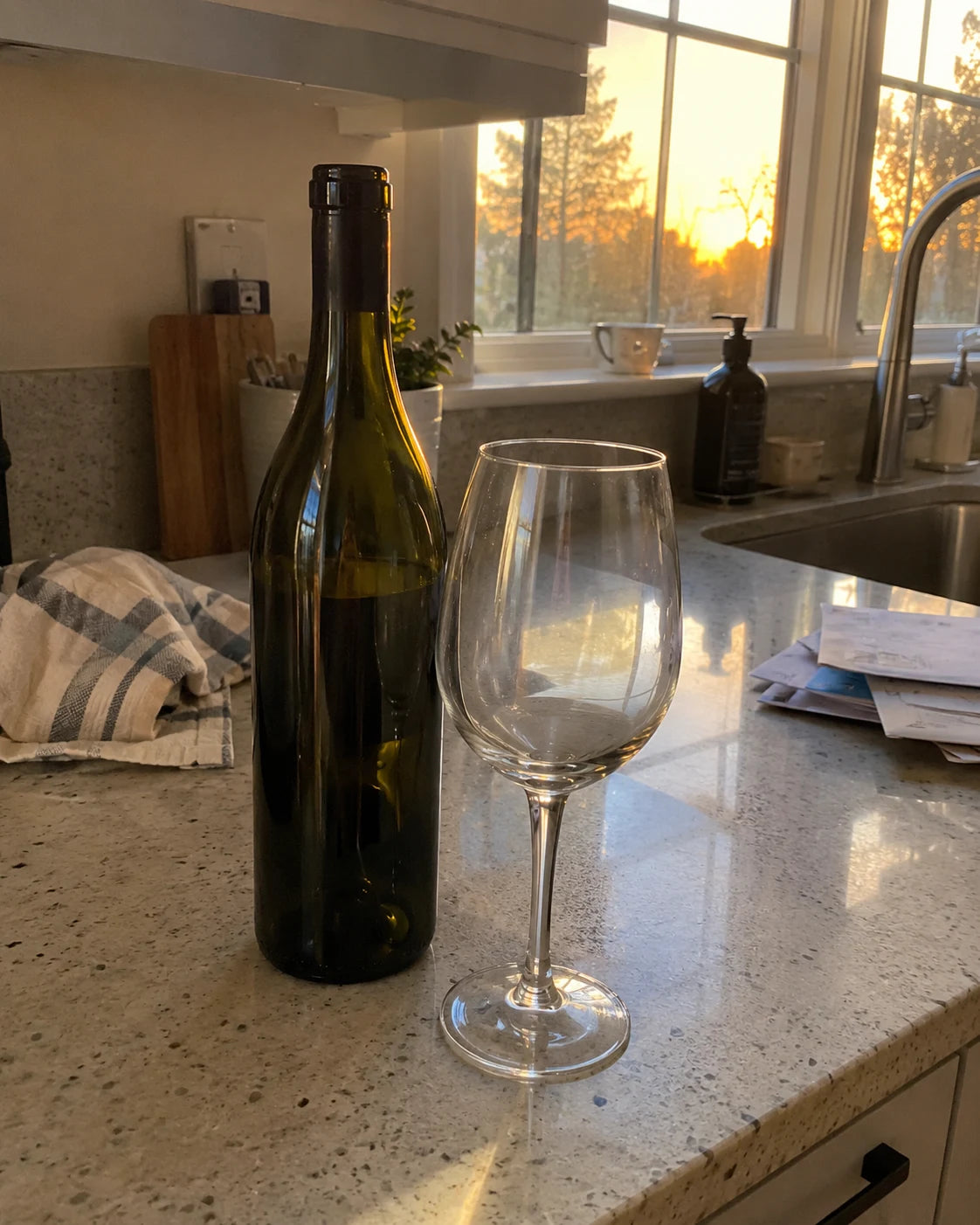 An unlabeled wine bottle and an empty wine glass sitting together on a kitchen counter at early evening