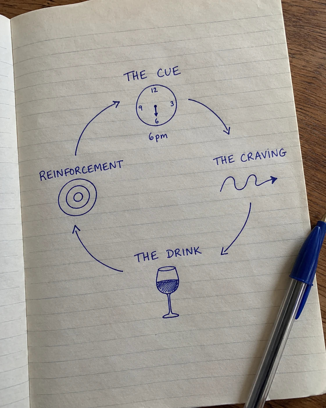 Hand-drawn journal diagram of the craving loop: the cue at 6pm, the craving, the drink, reinforcement