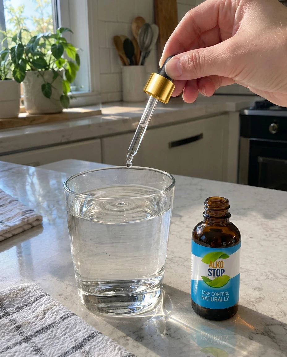 Hand holding an AlkoStop dropper with a drop falling into a glass of water, bottle standing beside it on a kitchen counter