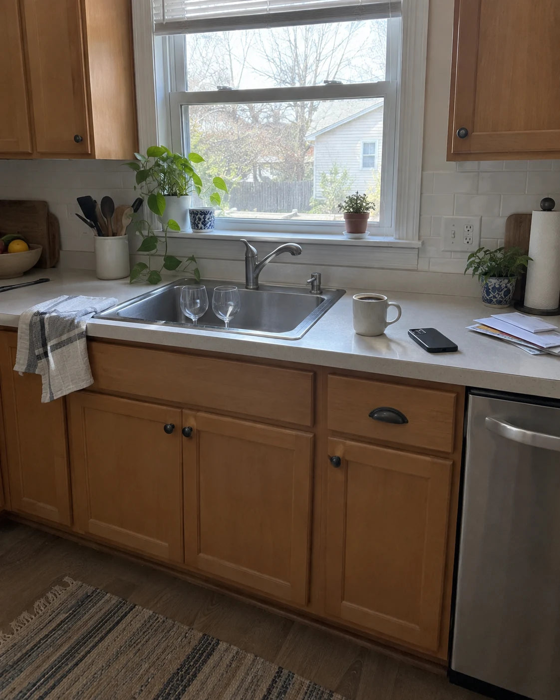 Two empty wine glasses in the kitchen sink next to a Sunday morning cup of coffee
