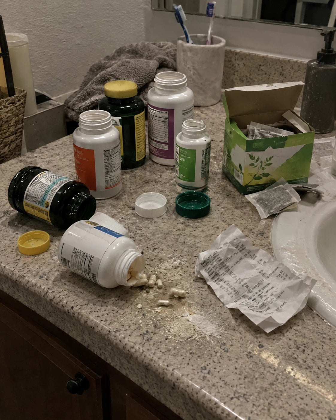A bathroom counter cluttered with mostly-empty vitamin bottles and a half-used box of detox tea