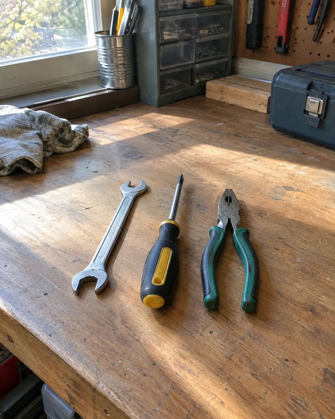 A wrench, screwdriver, and pliers resting neatly on a workbench in morning light, ready to be picked back up