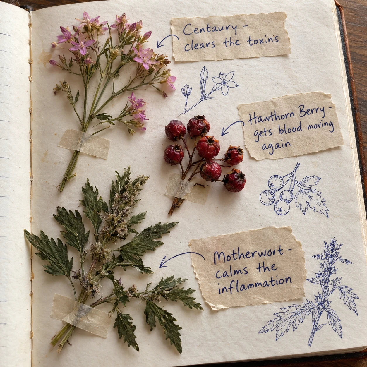 Journal page with real Centaury, Hawthorn Berry, and Motherwort pressed and labeled by hand