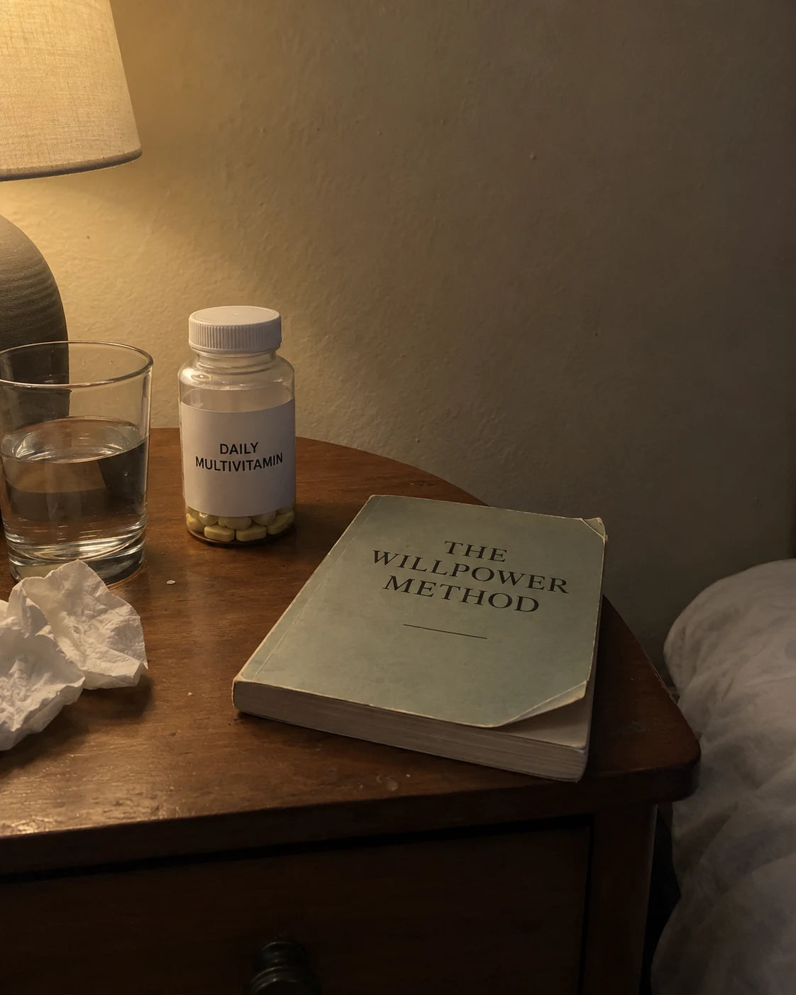 A Daily Multivitamin bottle and a paperback titled The Willpower Method abandoned on a nightstand