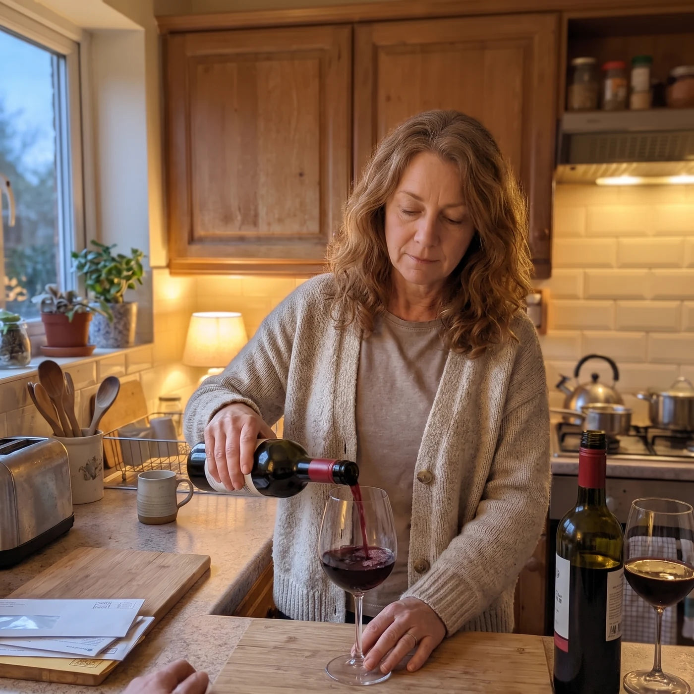 Woman pouring a glass of wine the moment her kitchen goes quiet in the evening