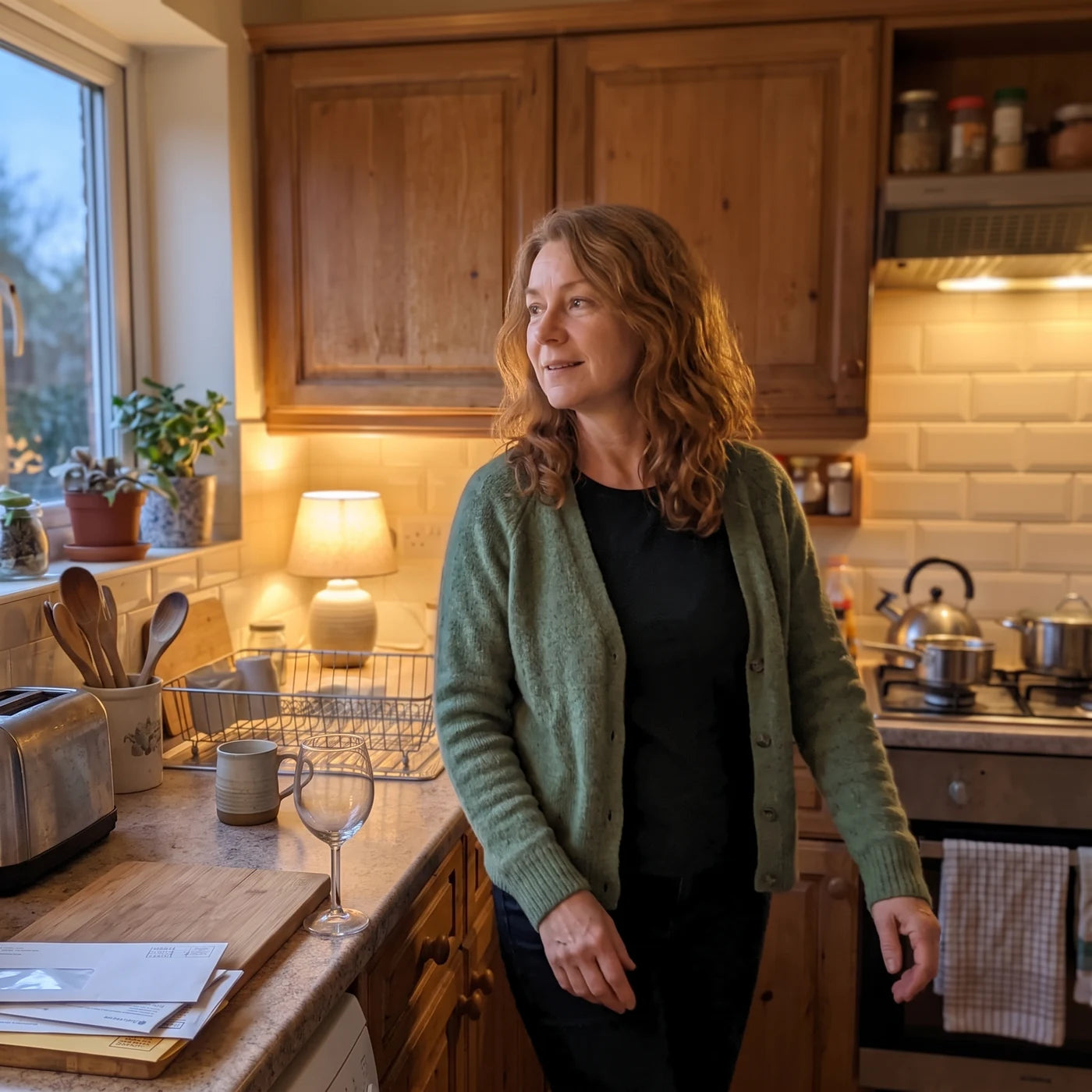 Woman walking through her kitchen in the evening, relaxed, not reaching for the wine glass on the counter