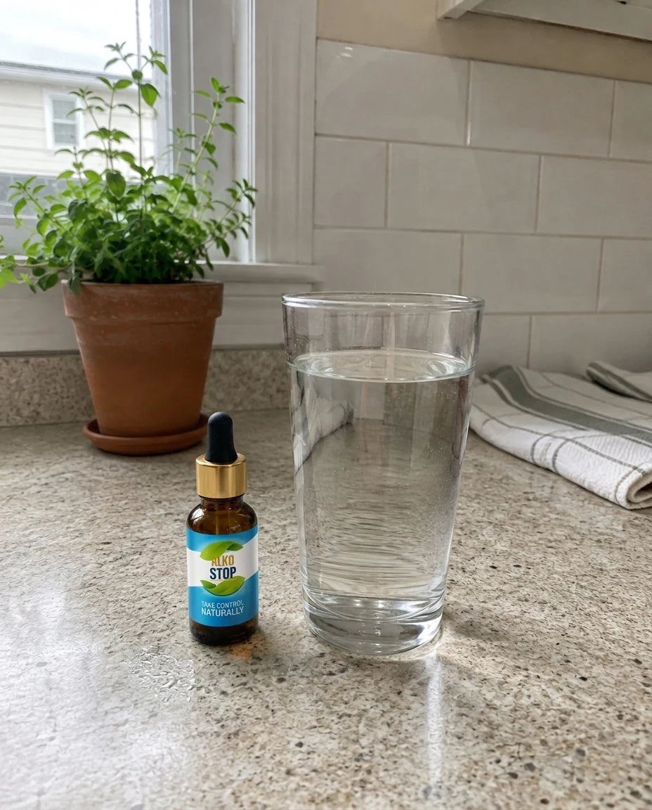 AlkoStop dropper bottle next to a glass of water on a kitchen counter