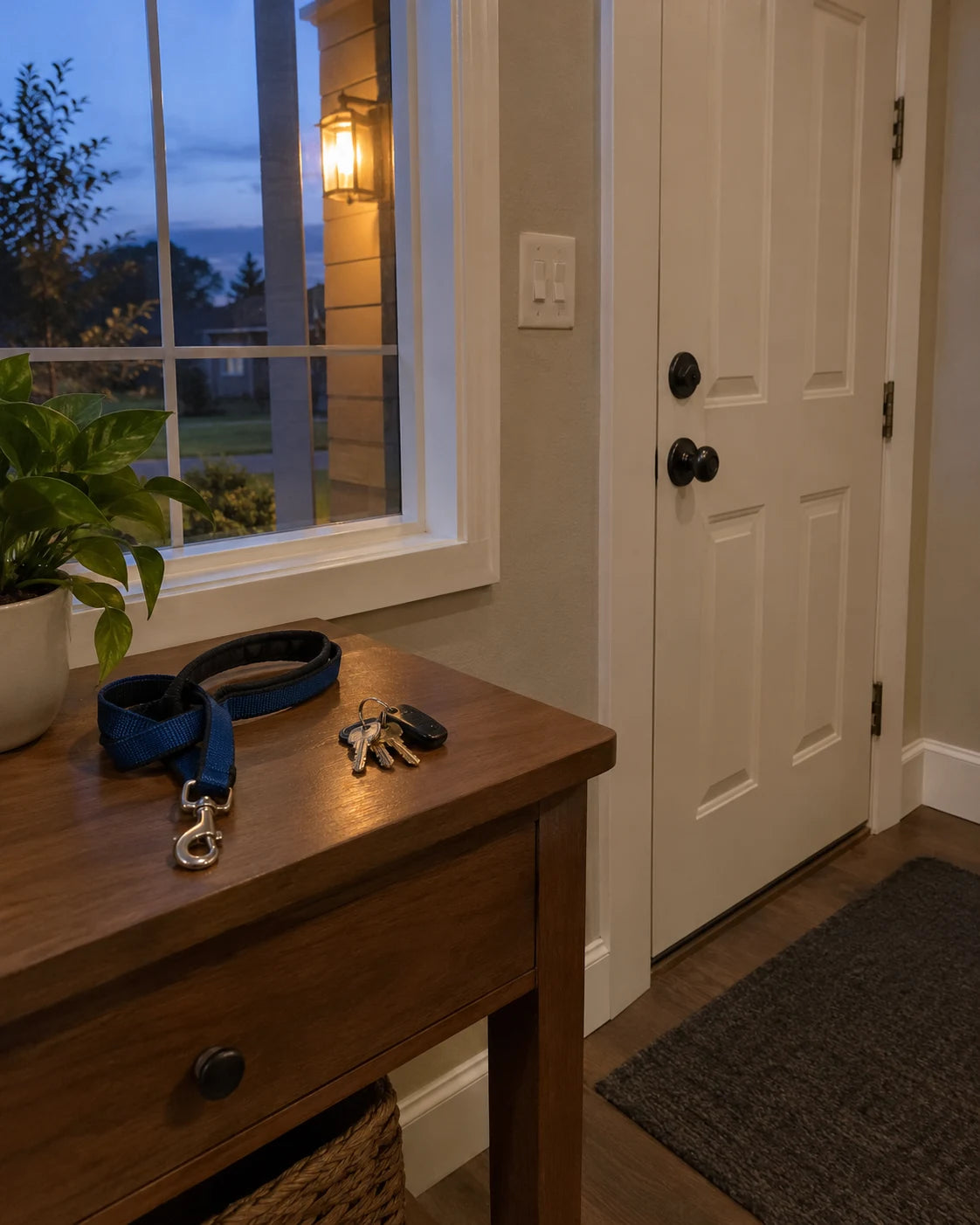 Dog leash and keys by the front door at dusk, no bottle in sight