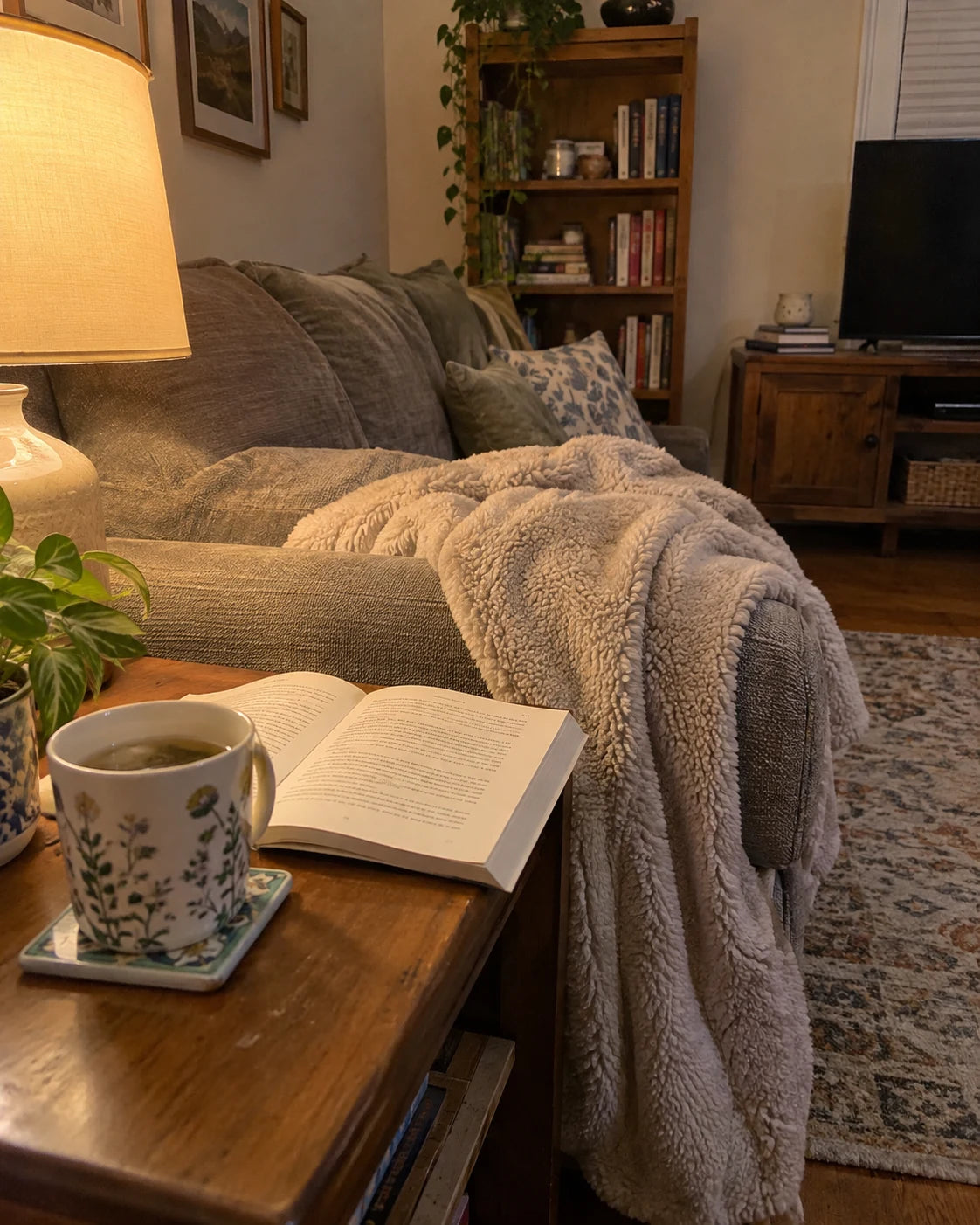 Cozy evening living room with tea and a book, no wine glass in sight