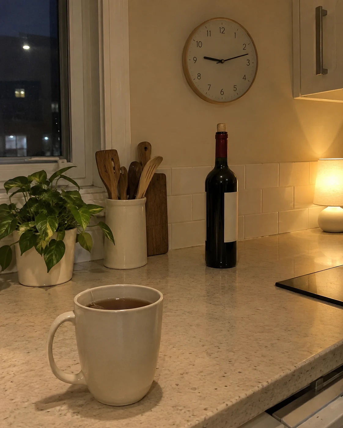 A sealed, unopened wine bottle on a kitchen counter at 9pm next to a mug of tea