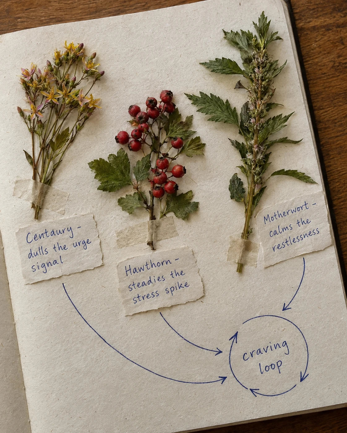 A handwritten journal page with Centaury, Hawthorn, and Motherwort labeled and connected to a craving loop diagram