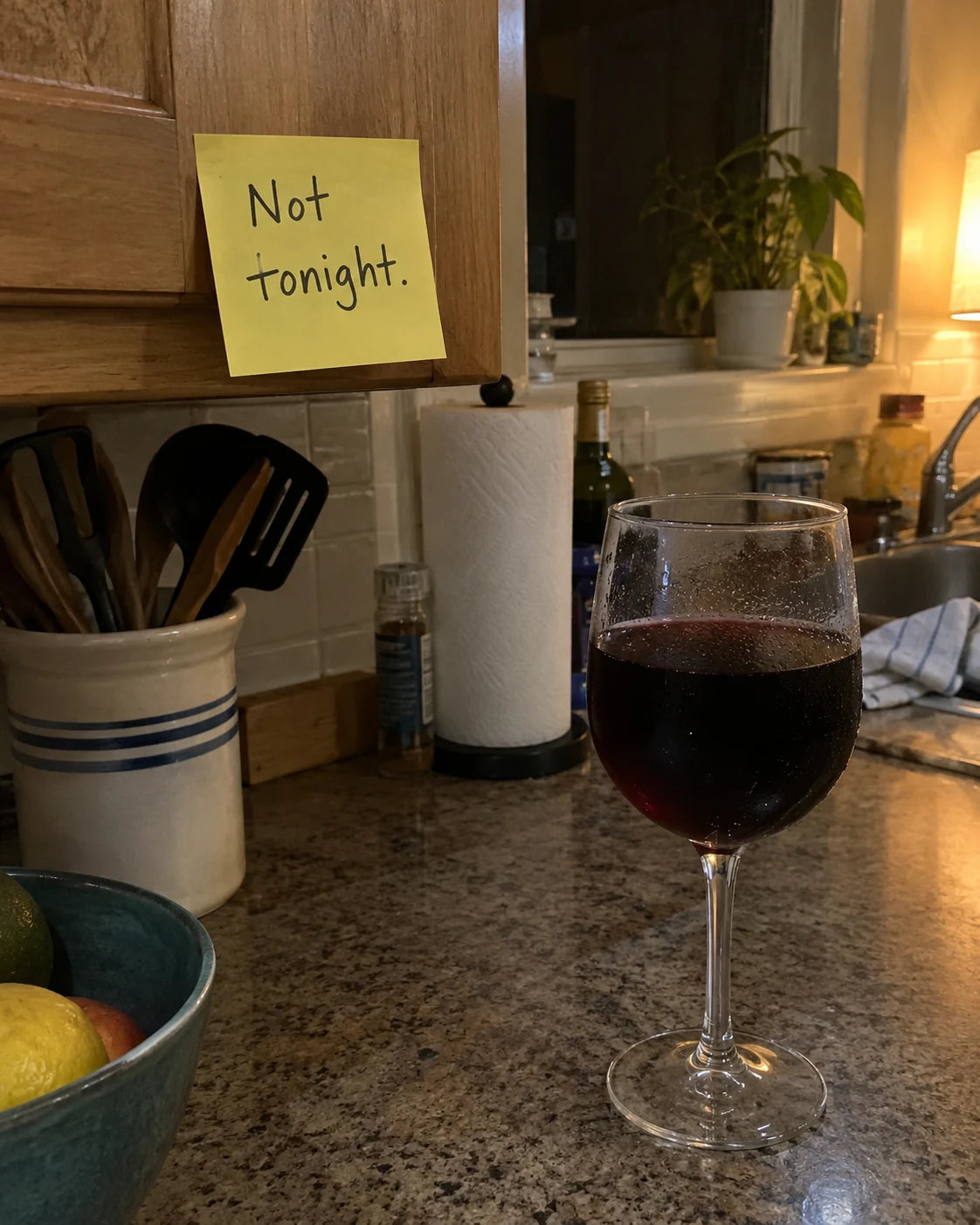 A sticky note reading Not tonight next to a full glass of red wine on a kitchen counter