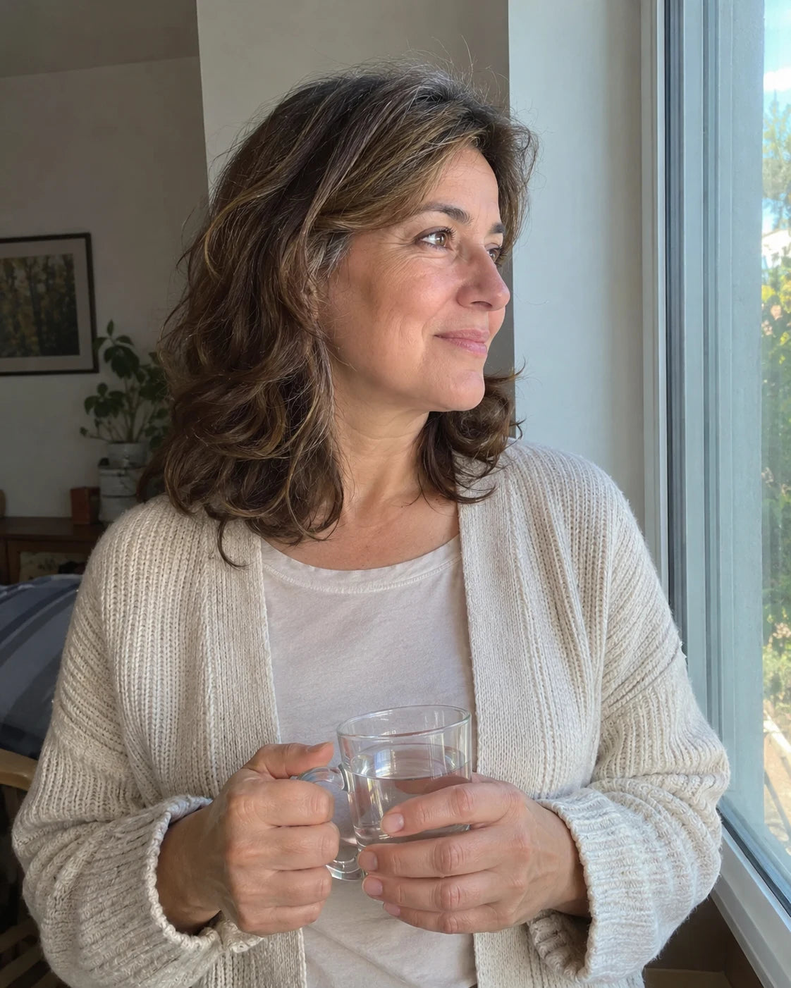 Woman standing by a sunlit window holding a mug of water, calm and content