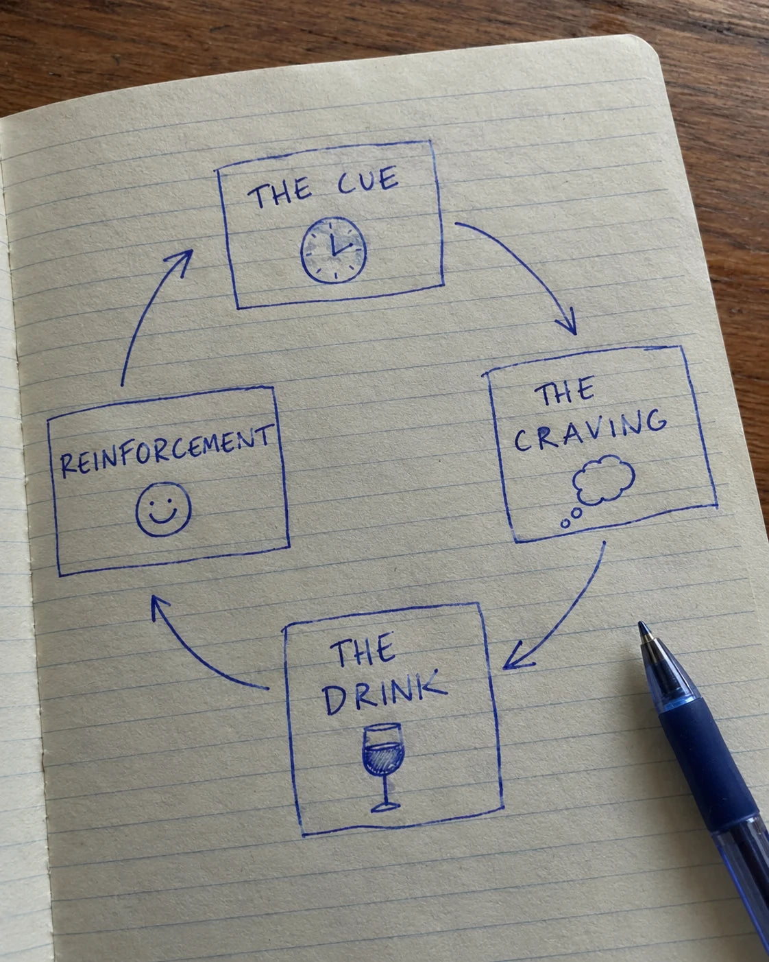 Handwritten journal diagram of the craving loop: cue, craving, drink, reinforcement