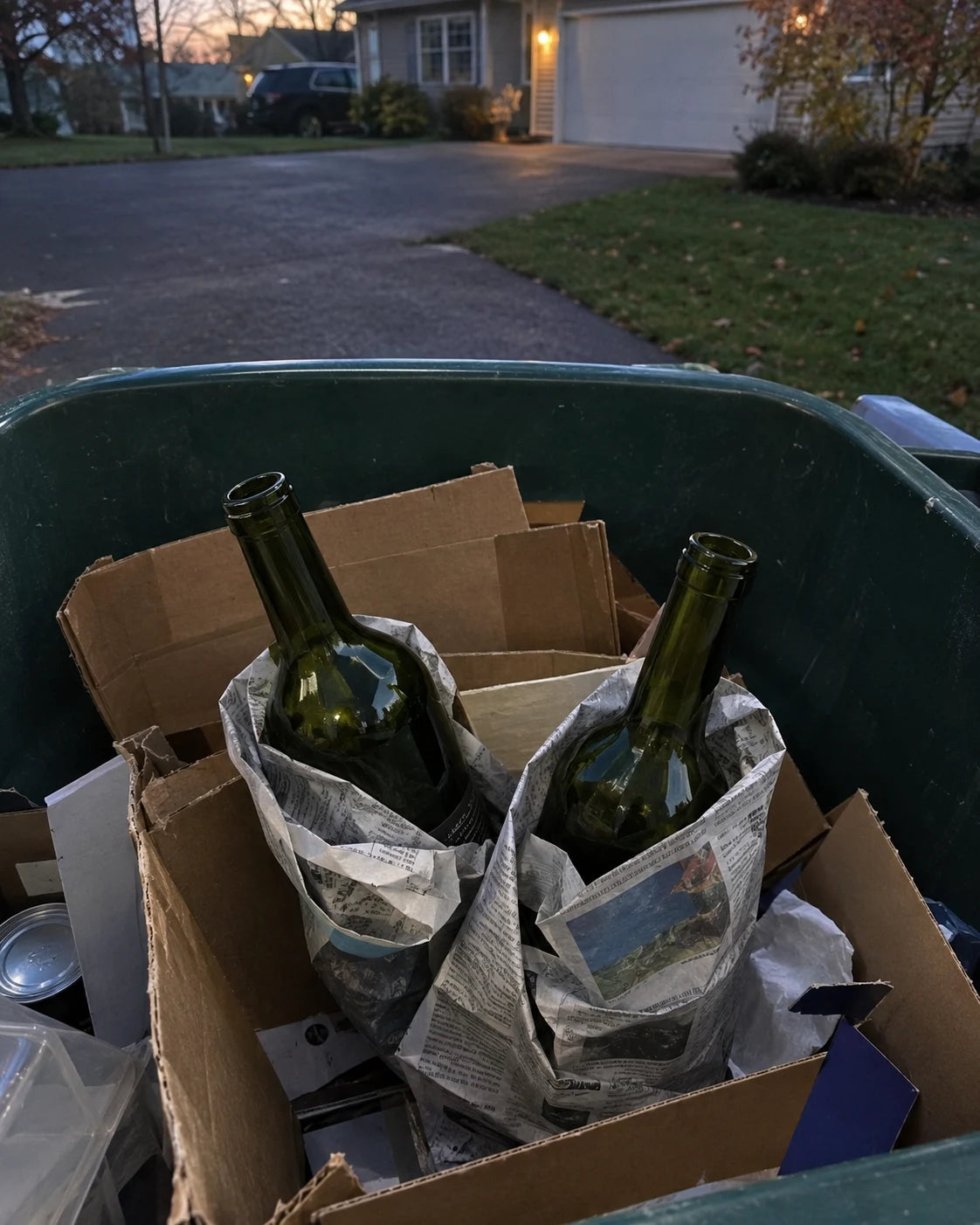 Two empty wine bottles wrapped in newspaper inside an outdoor recycling bin at dusk