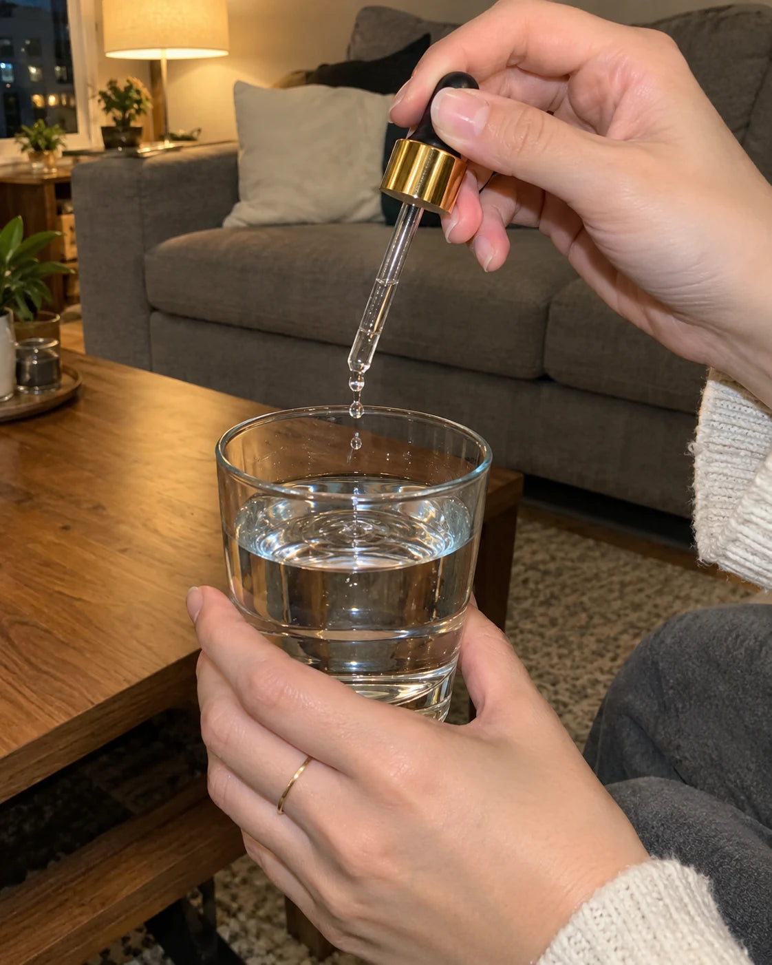 Hand using a dropper over a glass of water in the same cozy living room, evening