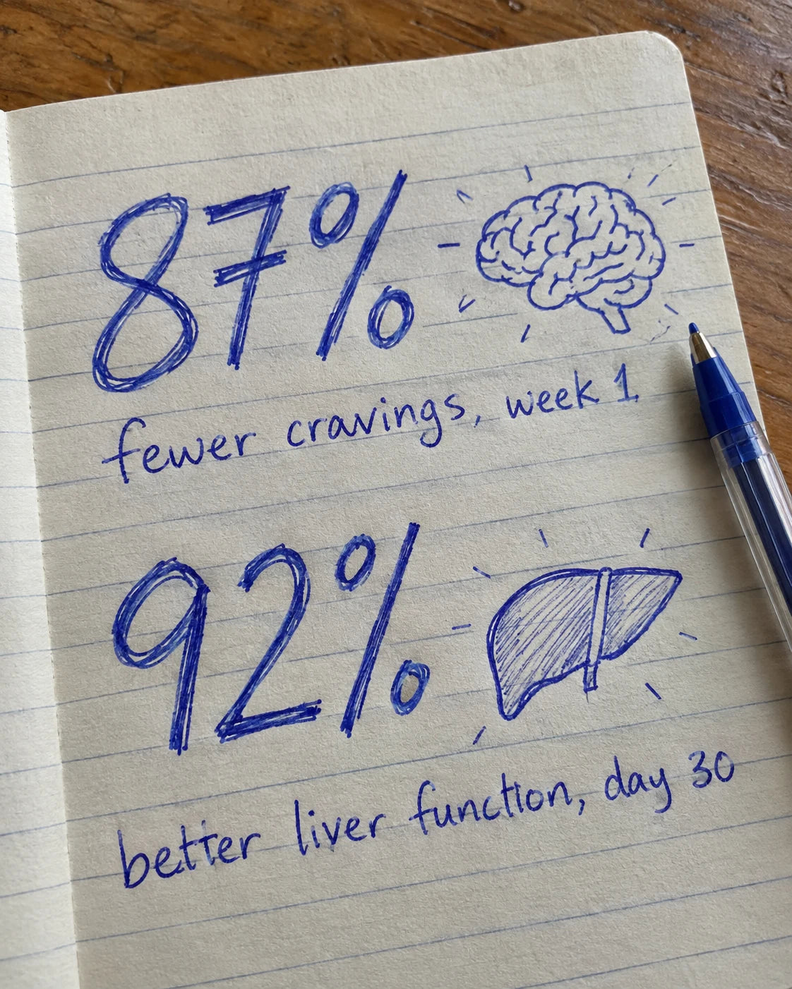 Handwritten journal page showing 87% fewer cravings week 1 and 92% better liver function day 30